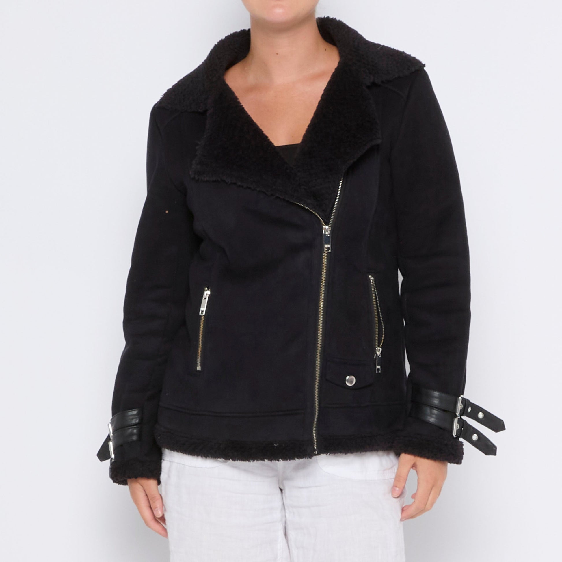 Side Zip Fur Suede Jacket - M