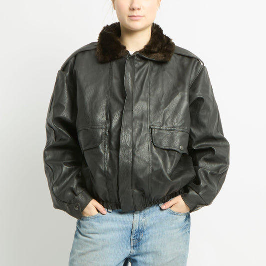 Fur Collared Leather Jacket - M