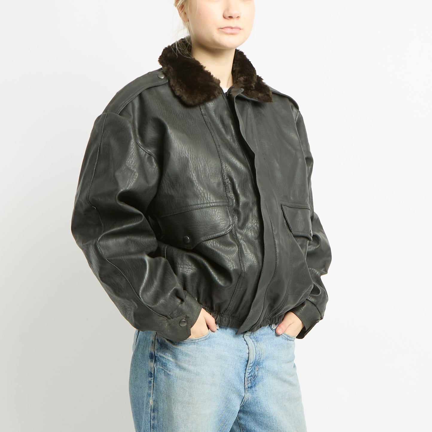 Fur Collared Leather Jacket - M