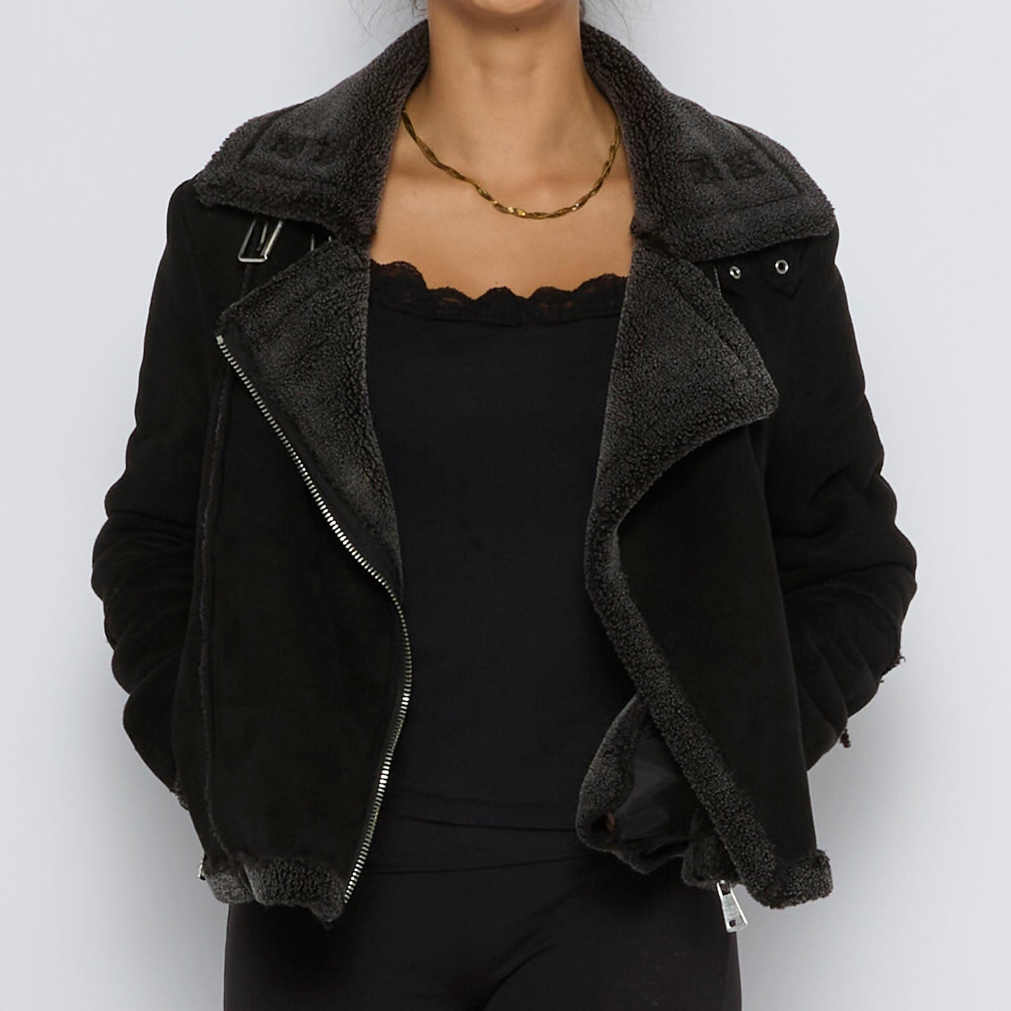 Side Zip Fur Suede Jacket - S