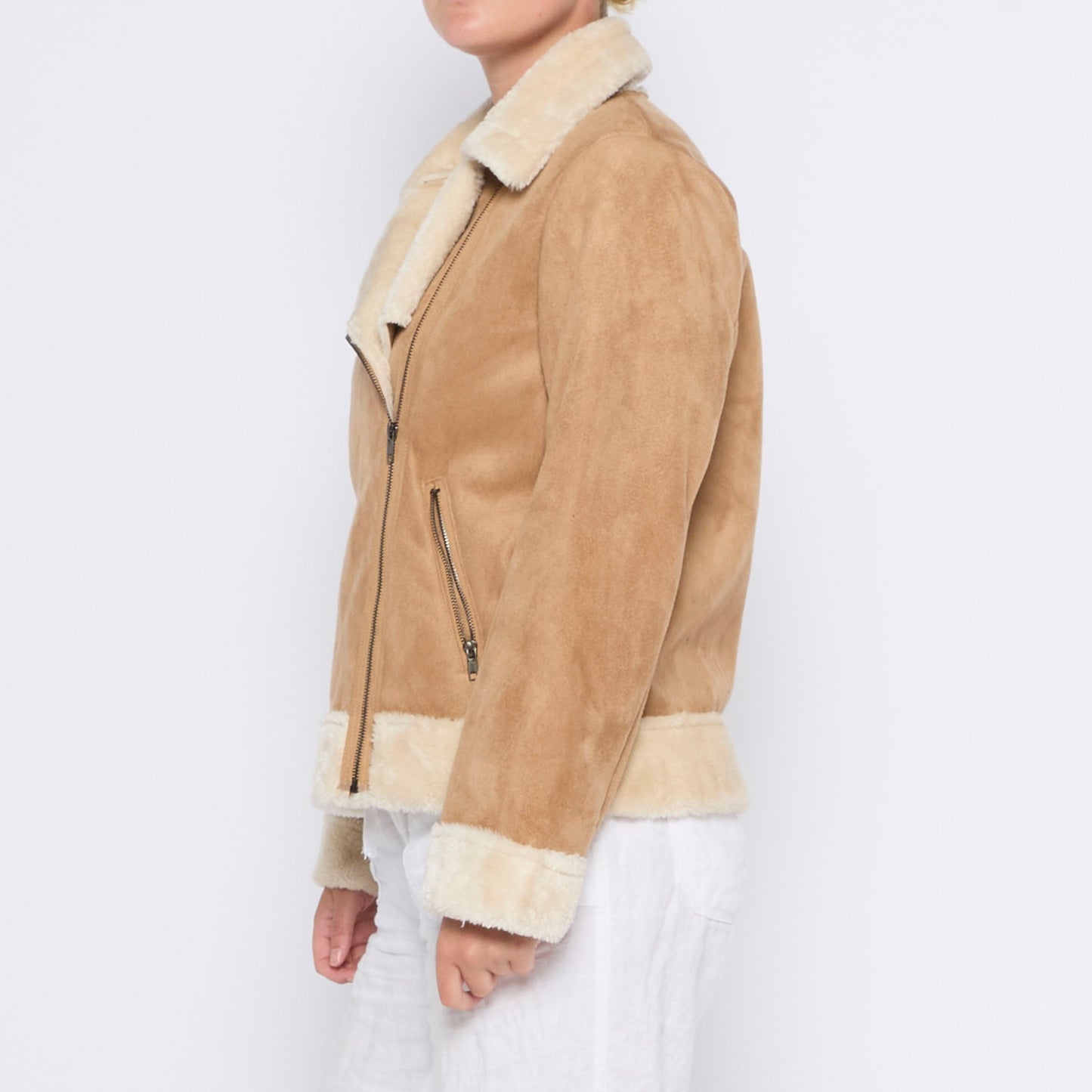 Side Zip Fur Faux Suede Jacket - M