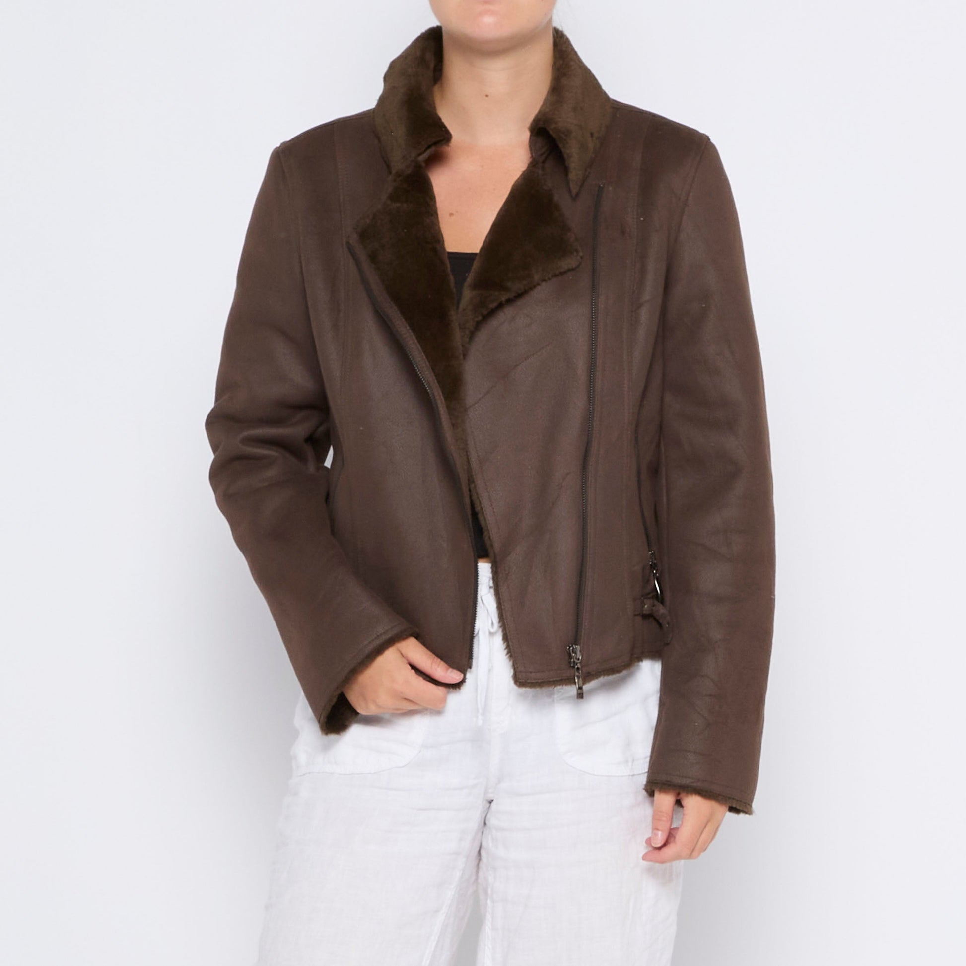 Side Zip Fur Suede Jacket - M