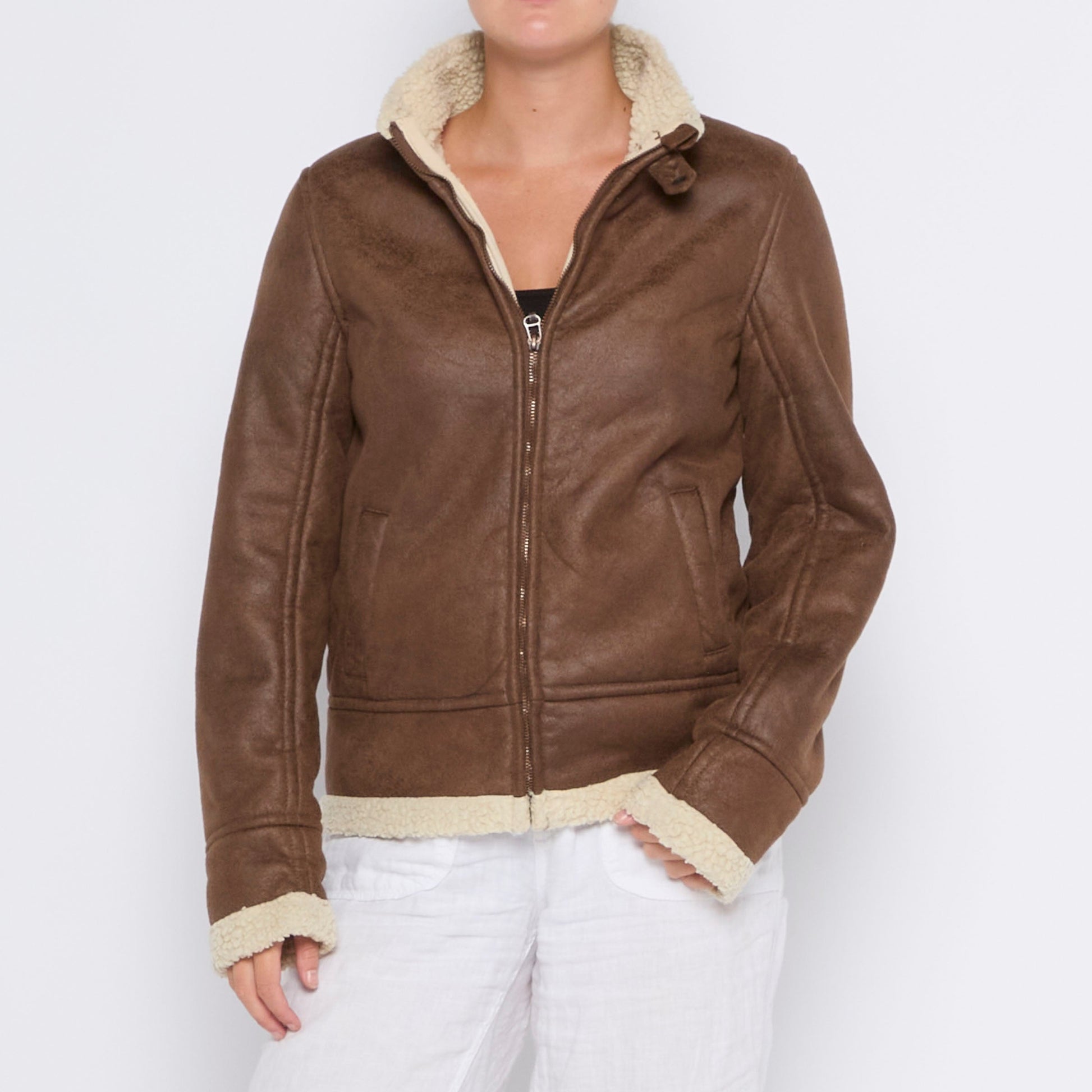 Fur Lined Full Zip Suede Jacket - M