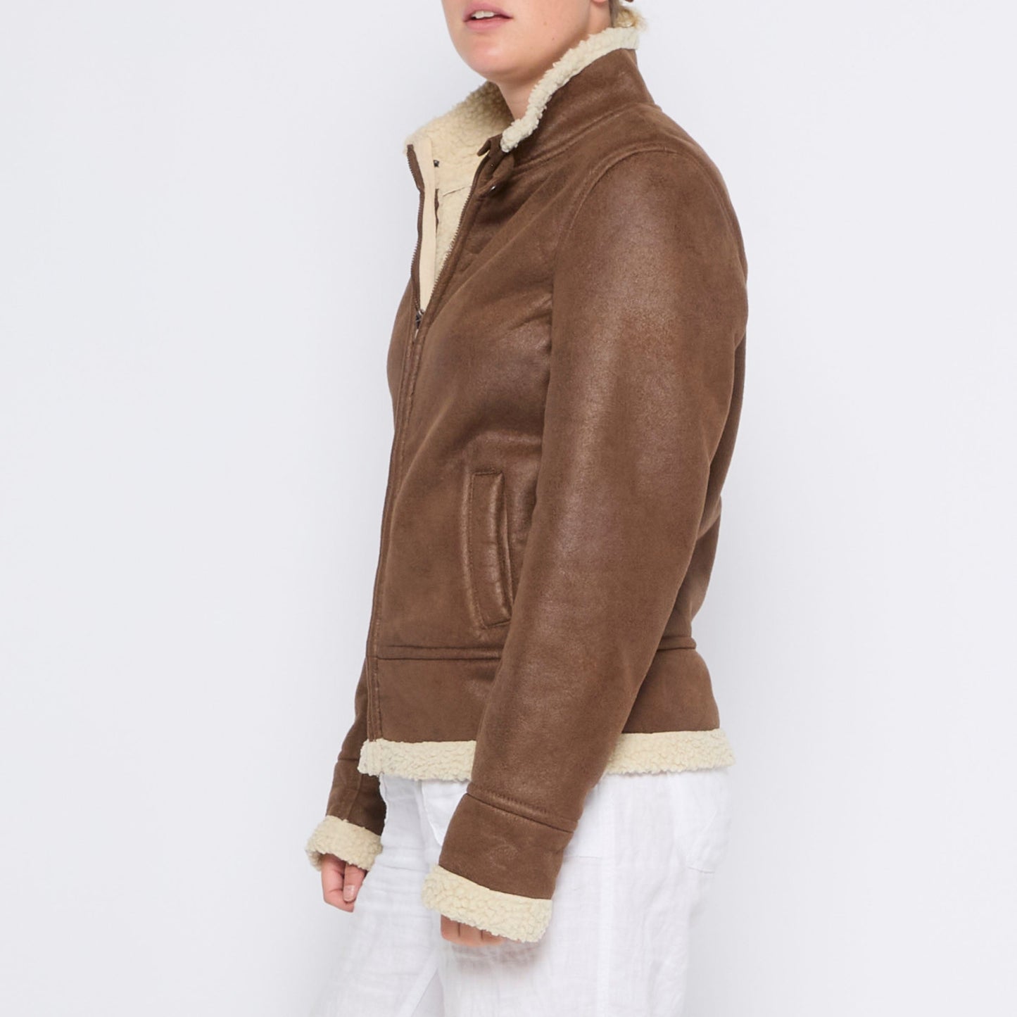 Fur Lined Full Zip Faux Suede Jacket - M