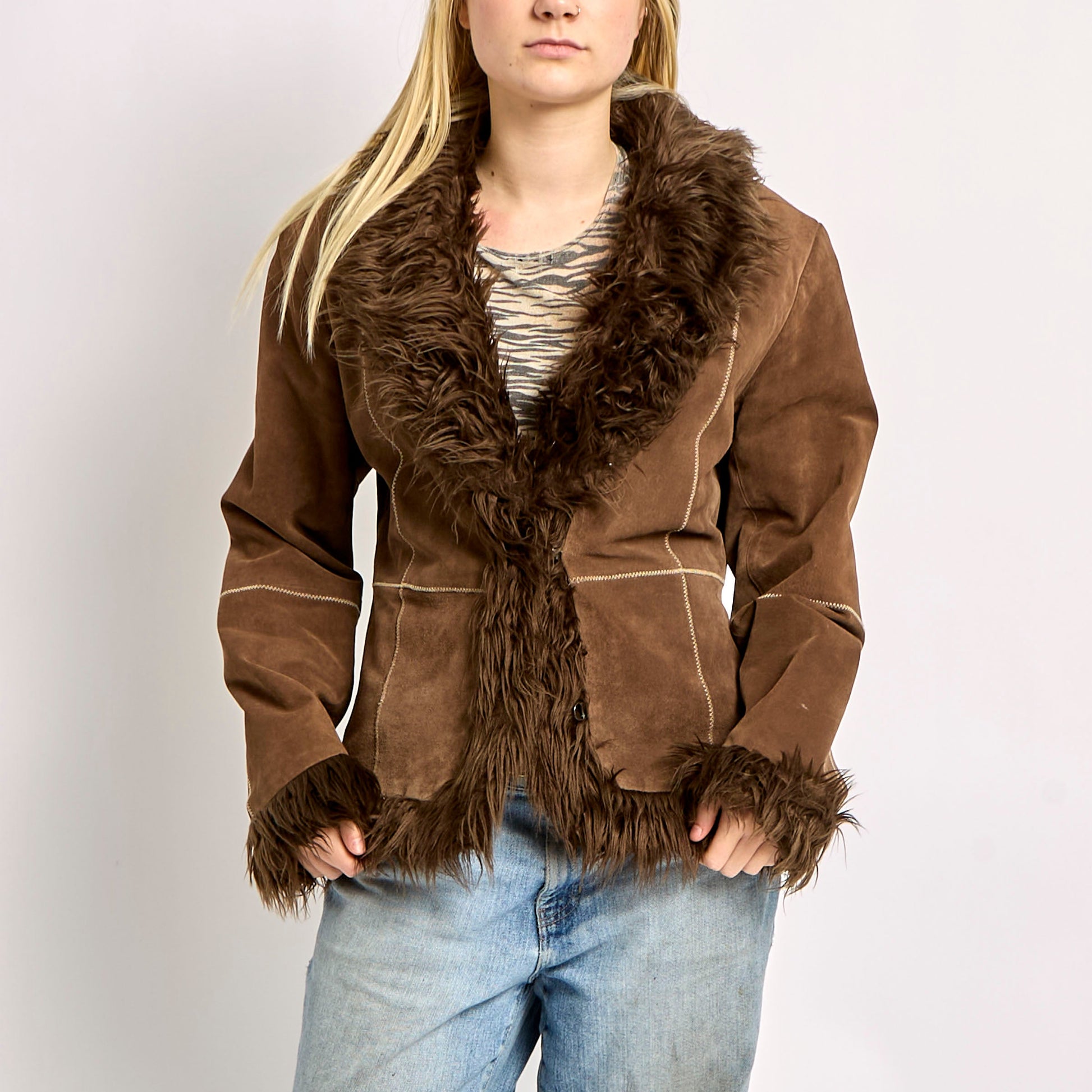 Afghan Fur Trimmed Jacket With Stitching Details - M