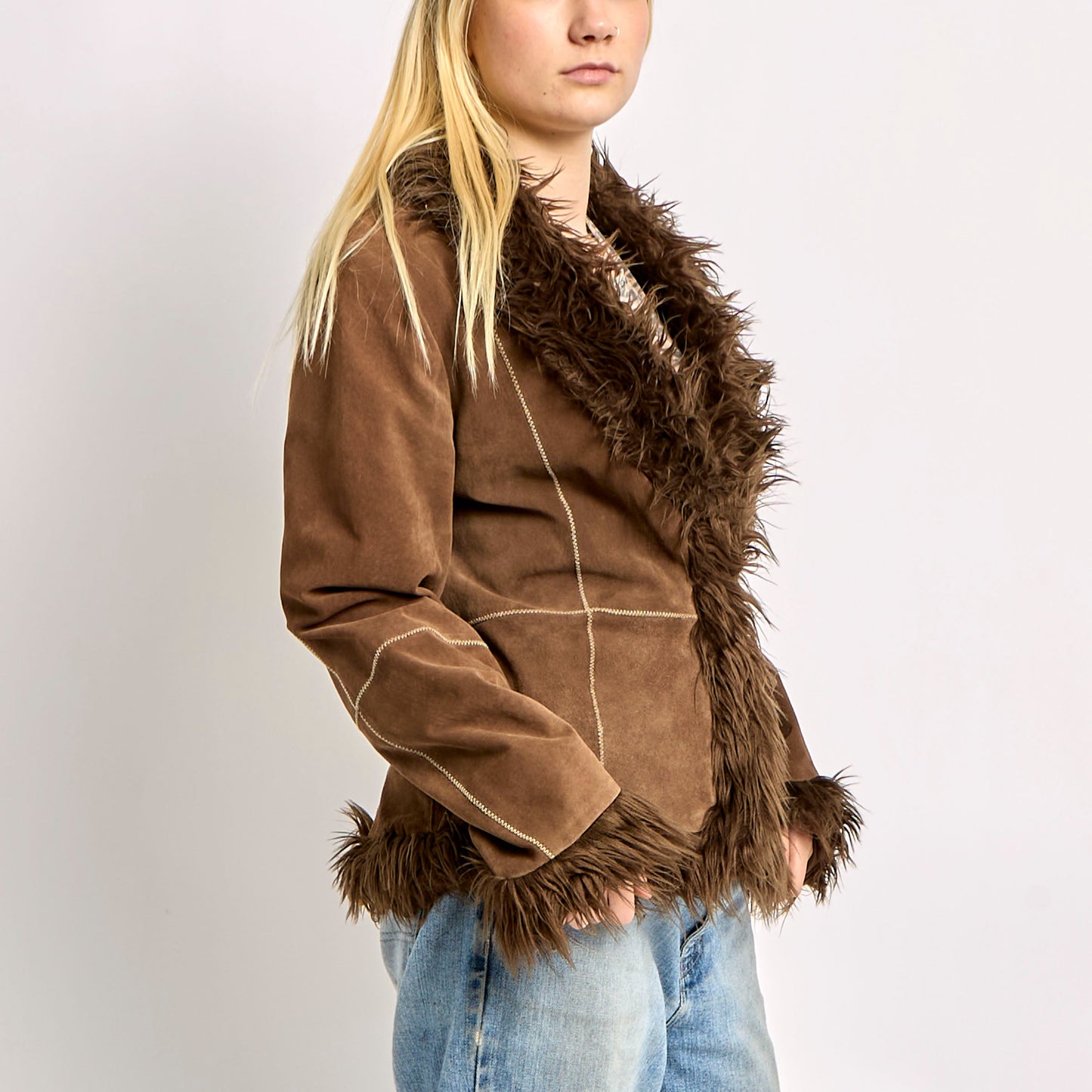 Afghan Fur Trimmed Jacket With Stitching Details - M