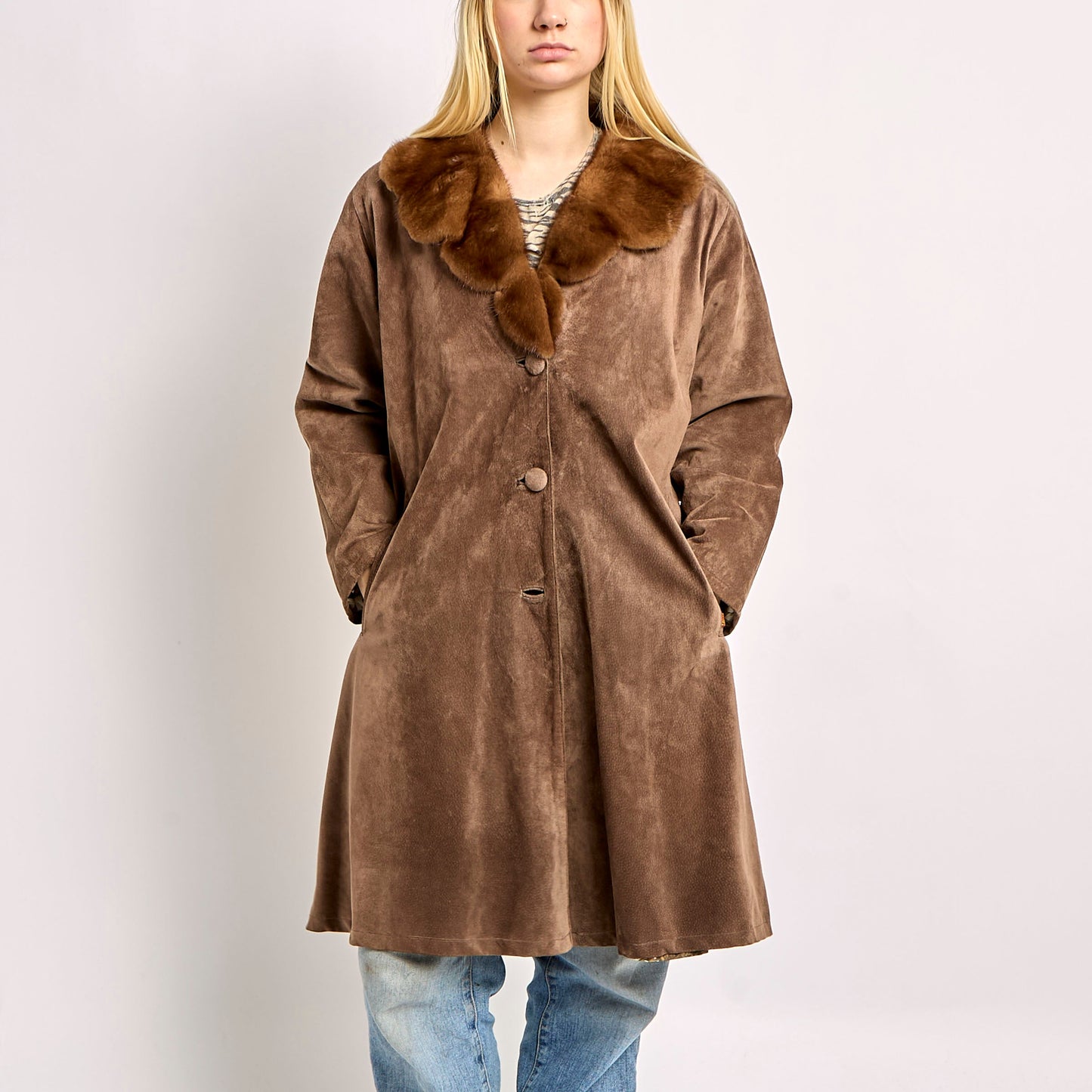 Long Suede Jacket With Fur Collar And Patterned Lining - M