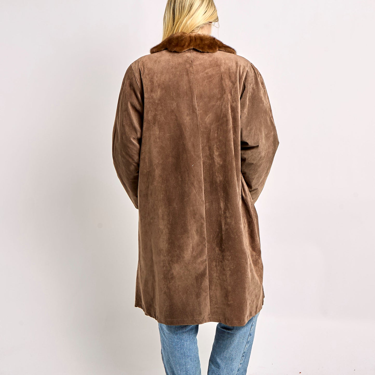 Long Suede Jacket With Fur Collar And Patterned Lining - M