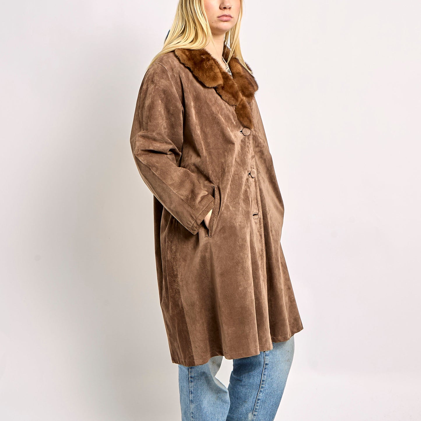 Long Suede Jacket With Fur Collar And Patterned Lining - M