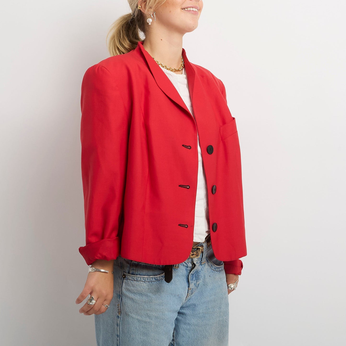 Red Linen Blend  Contrast Button Blazer Jacket- UK 12