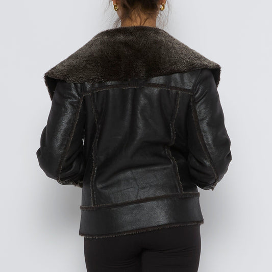 Fur Lined & Trim Faux Leather Jacket - S