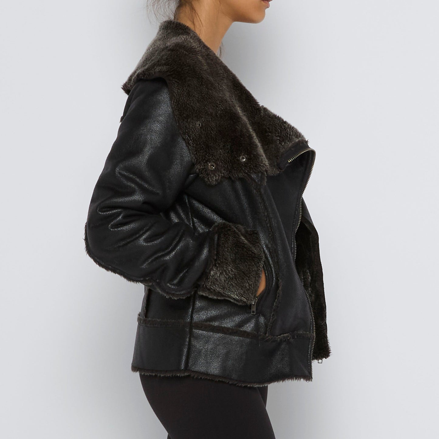 Fur Lined & Trim Faux Leather Jacket - S