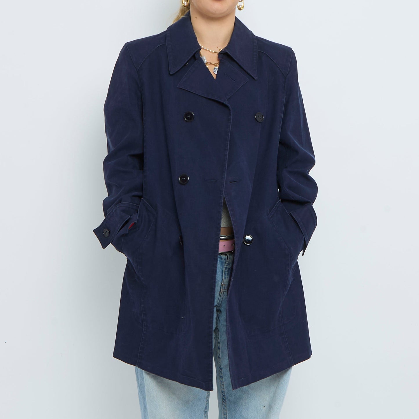 Short Buttoned Denim Trench Coat - S