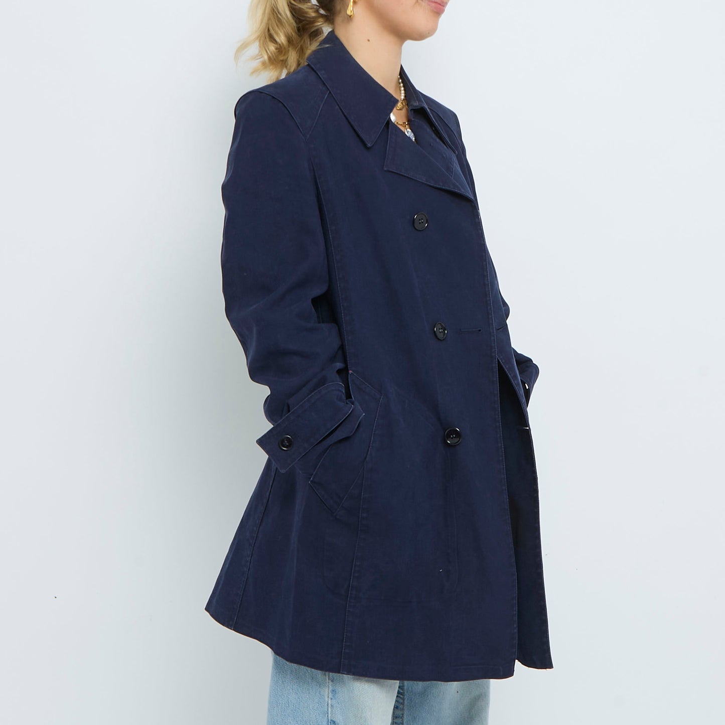 Short Buttoned Denim Trench Coat - S