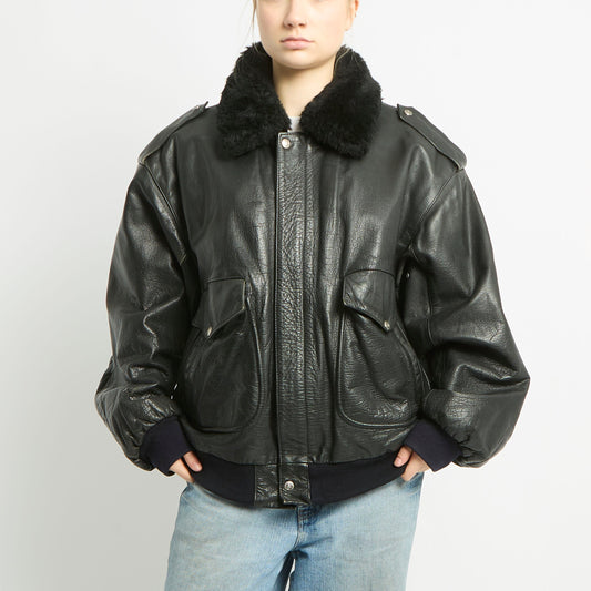 Detachable Fur Collared Leather Jacket - XL