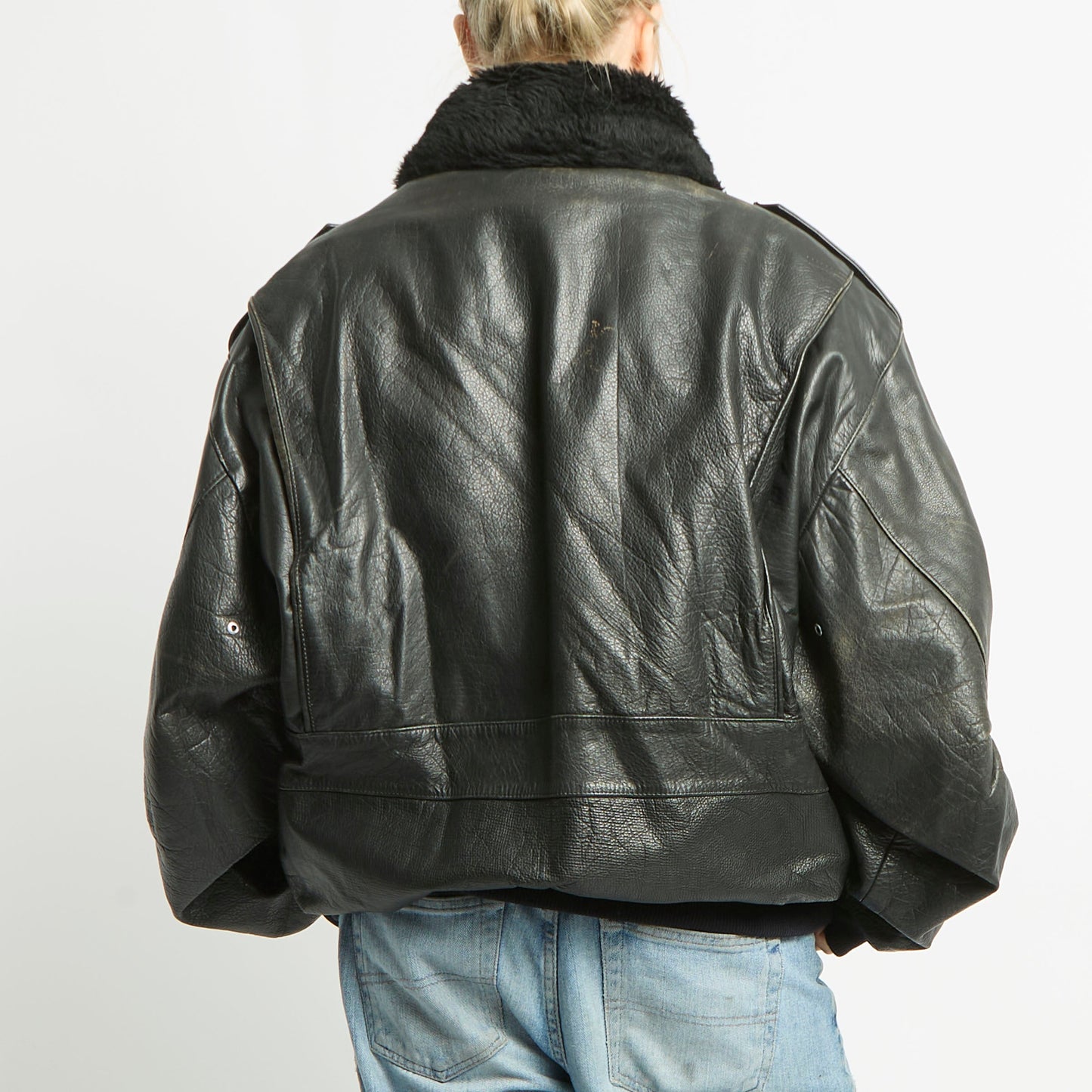 Detachable Fur Collared Leather Jacket - XL