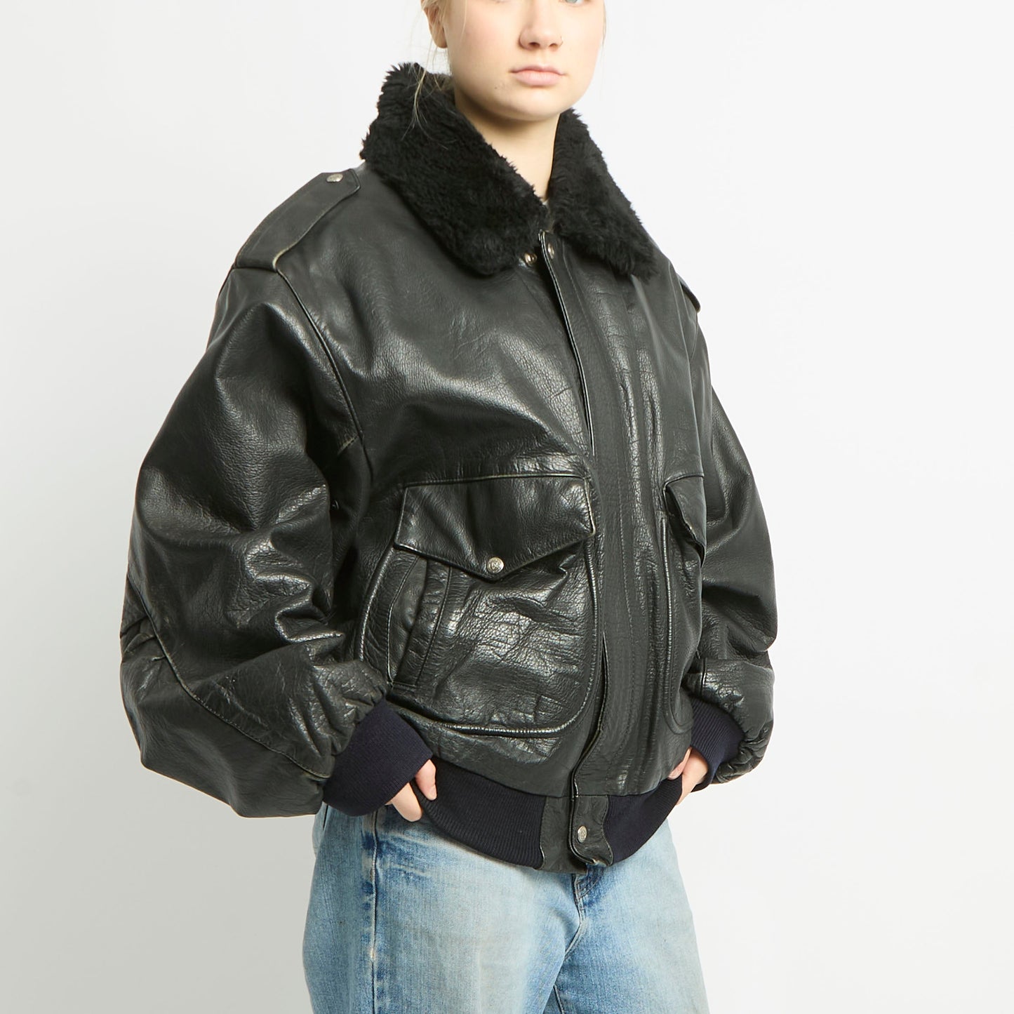 Detachable Fur Collared Leather Jacket - XL