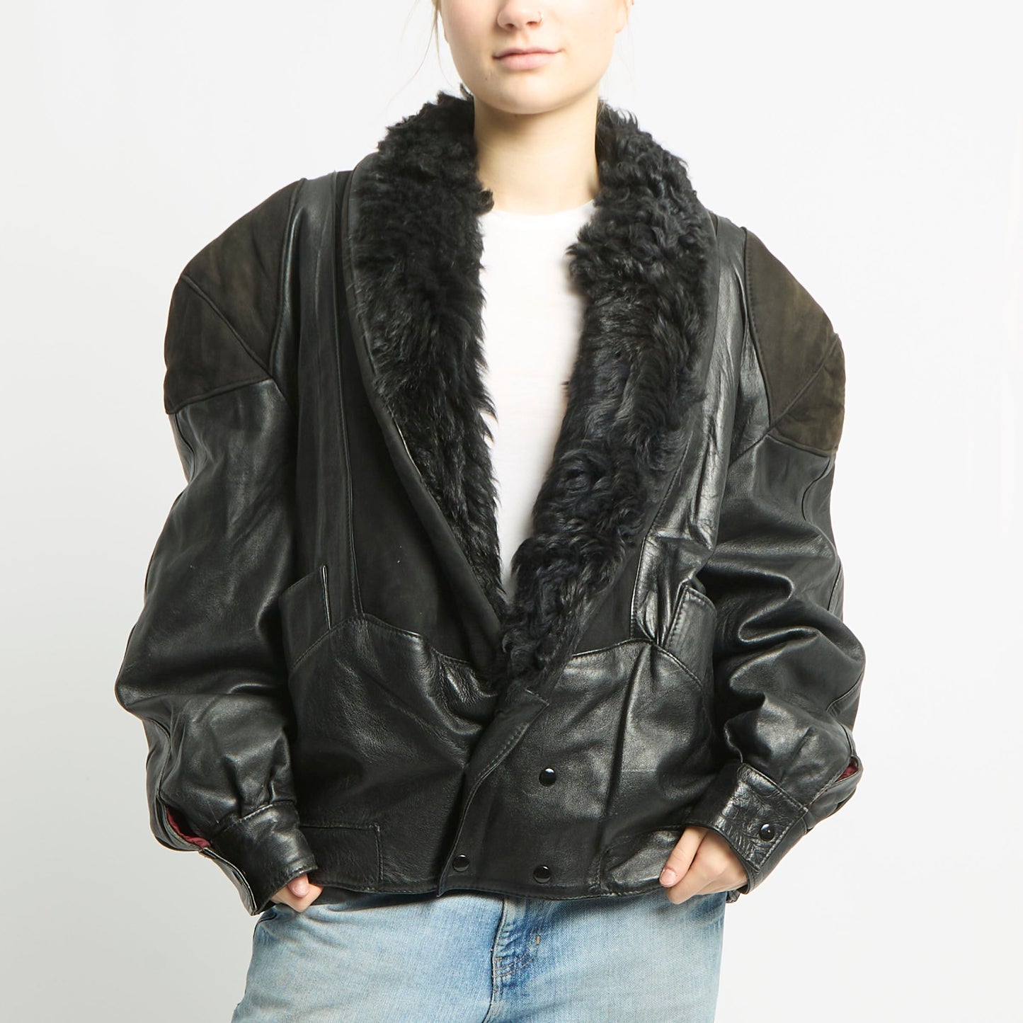 Fur Collared Leather Blazer Jacket - XL