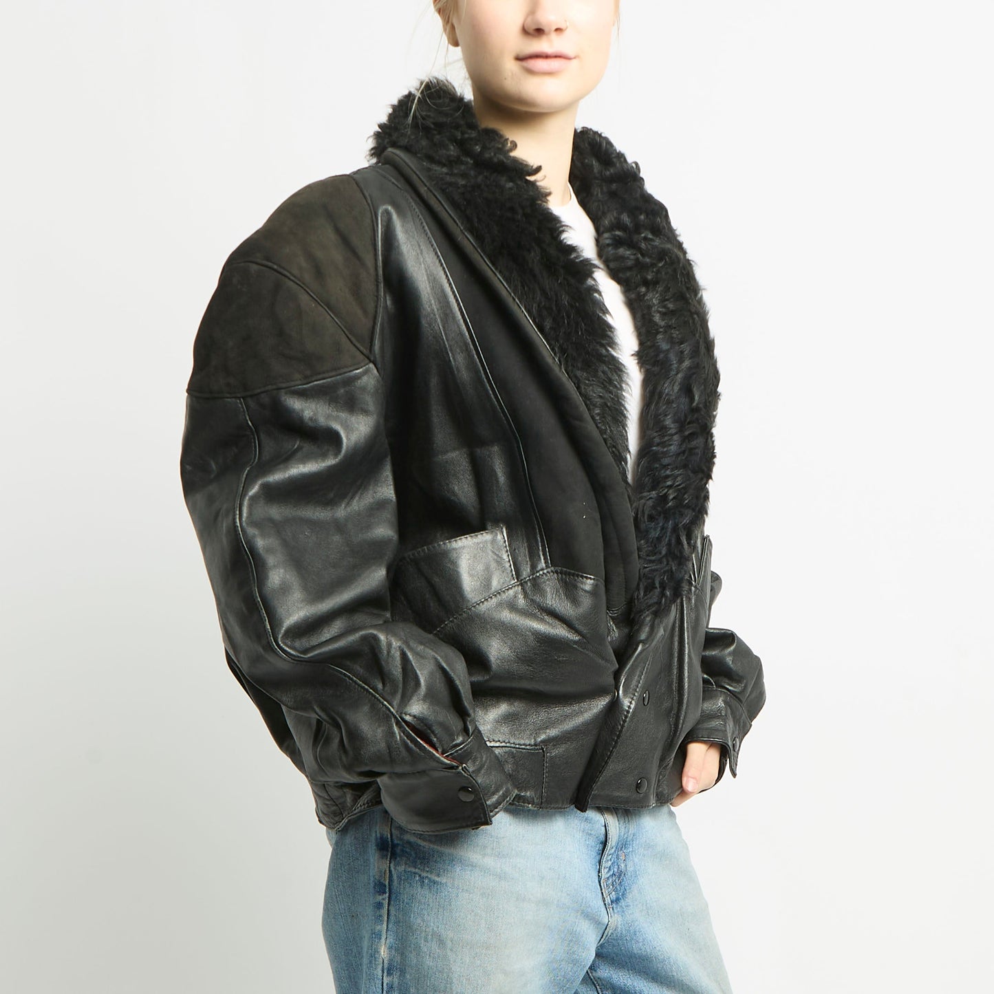 Fur Collared Leather Blazer Jacket - XL