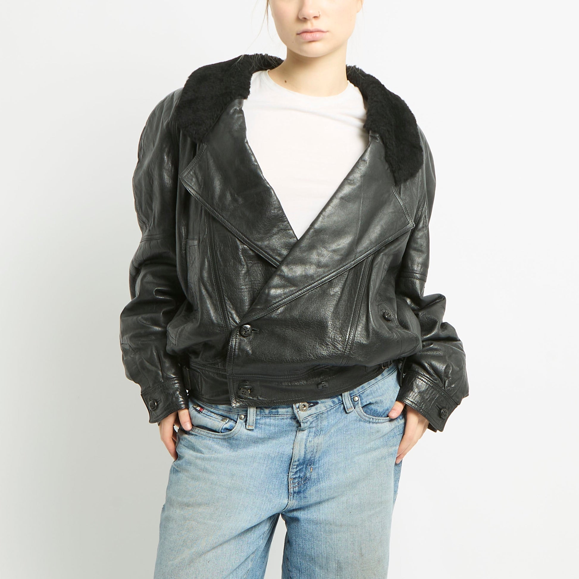 Leather Jacket With Fur Detailing - XL