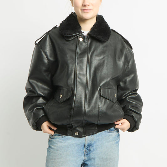 Fur Collared Leather Jacket - XL