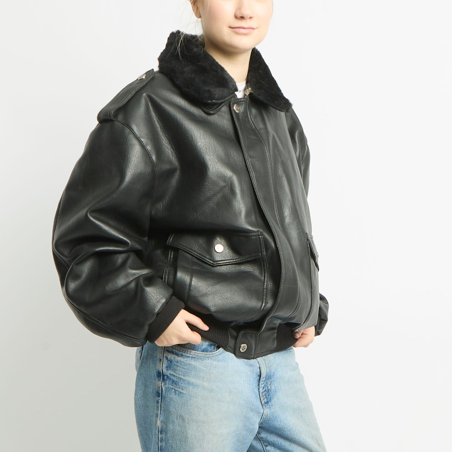 Fur Collared Leather Jacket - XL