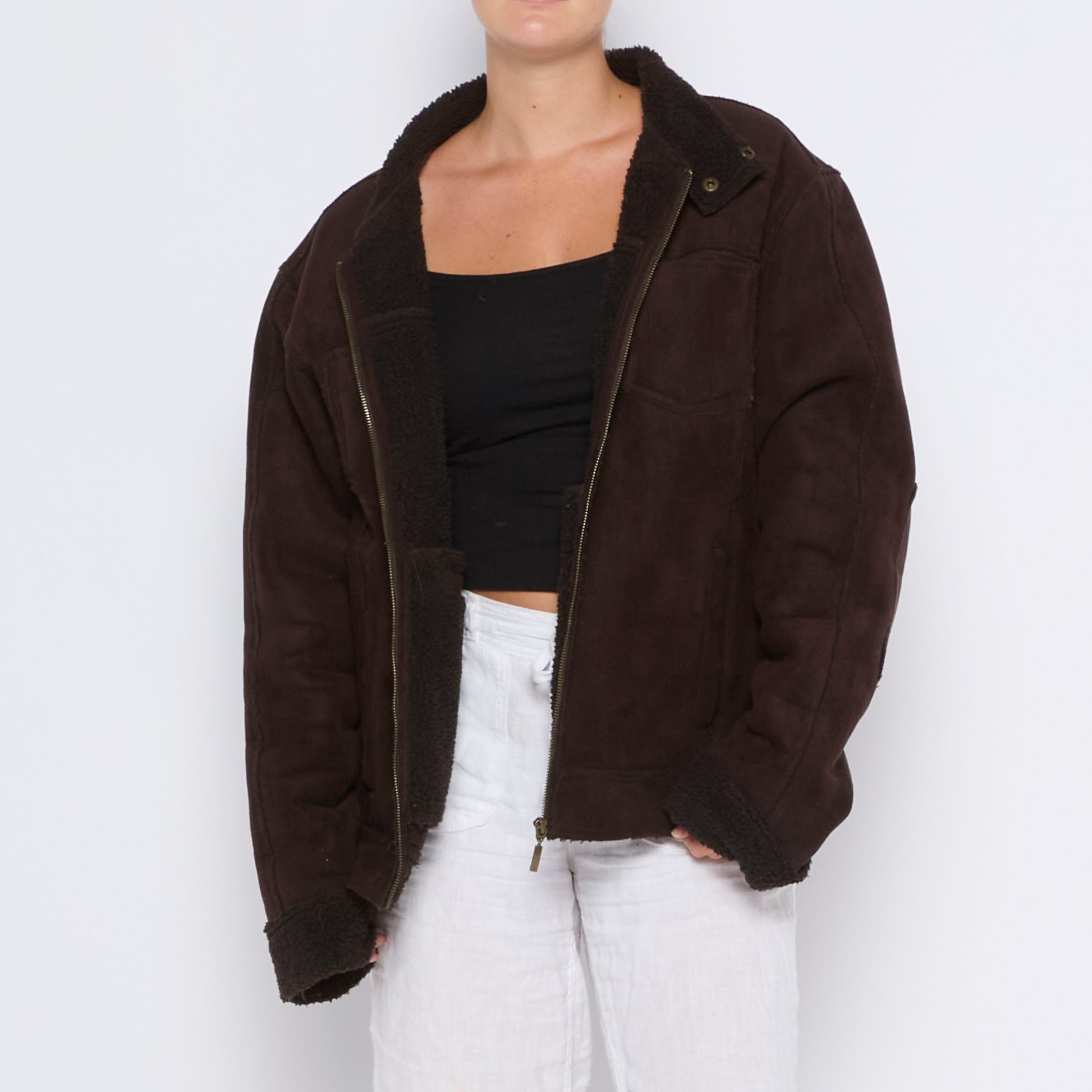 Fur Lined Full Zip Suede Jacket - XL