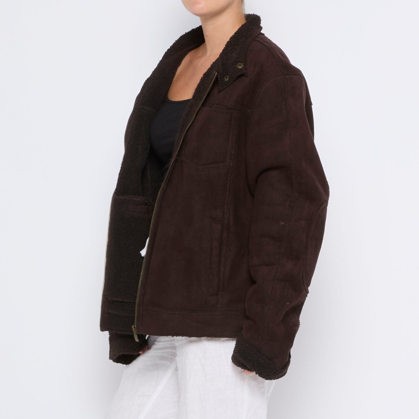 Fur Lined Full Zip Faux Suede Jacket - XL