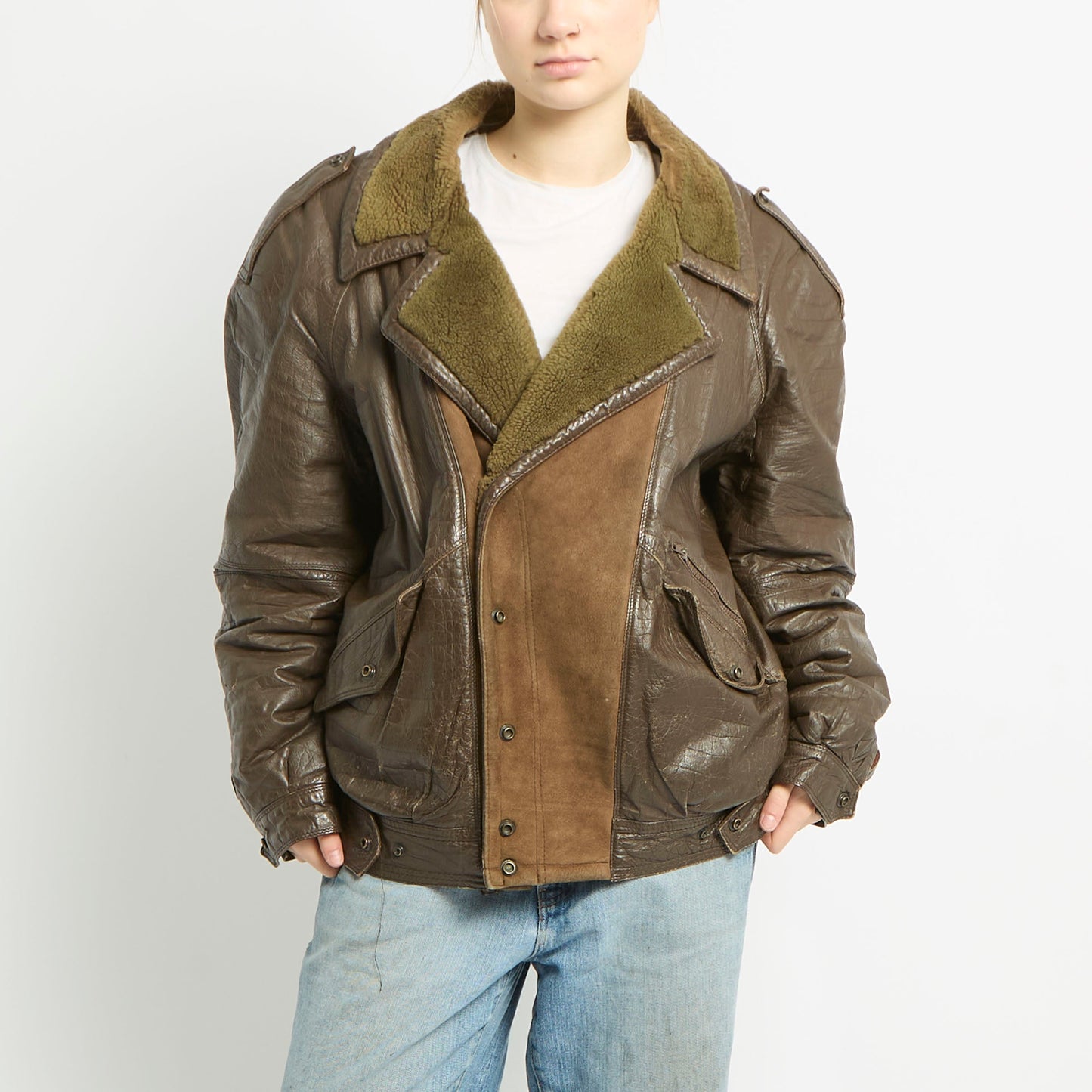 Leather Aviator Jacket With Suede And Fur Detailing - XL