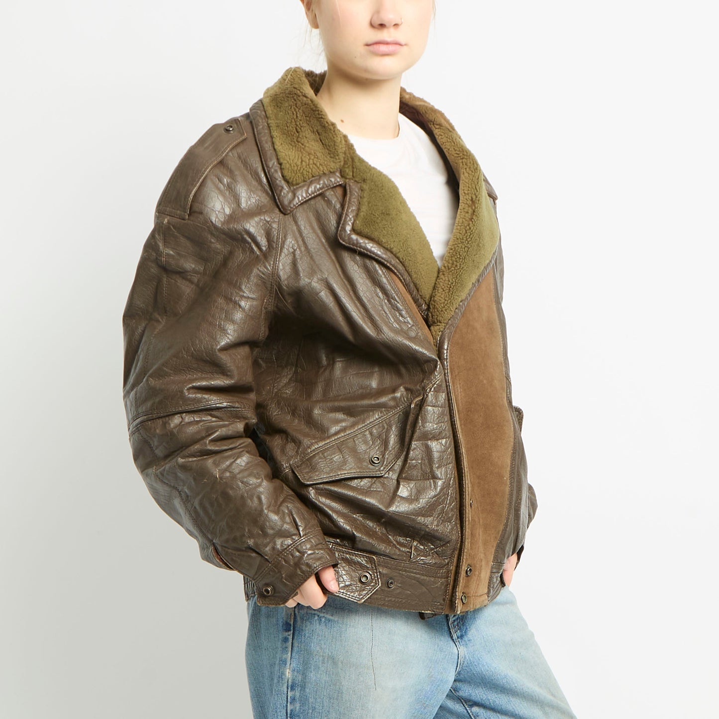 Leather Aviator Jacket With Suede And Fur Detailing - XL