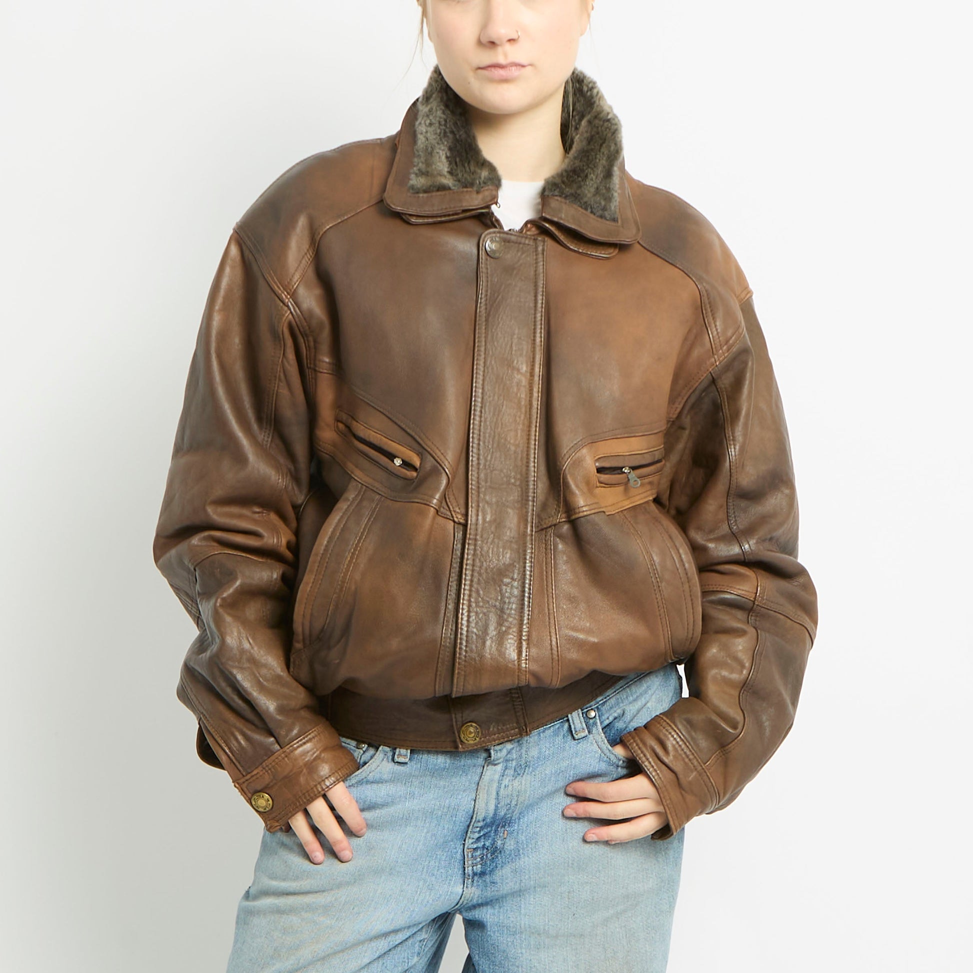 Fur Collared Leather Jacket - XL