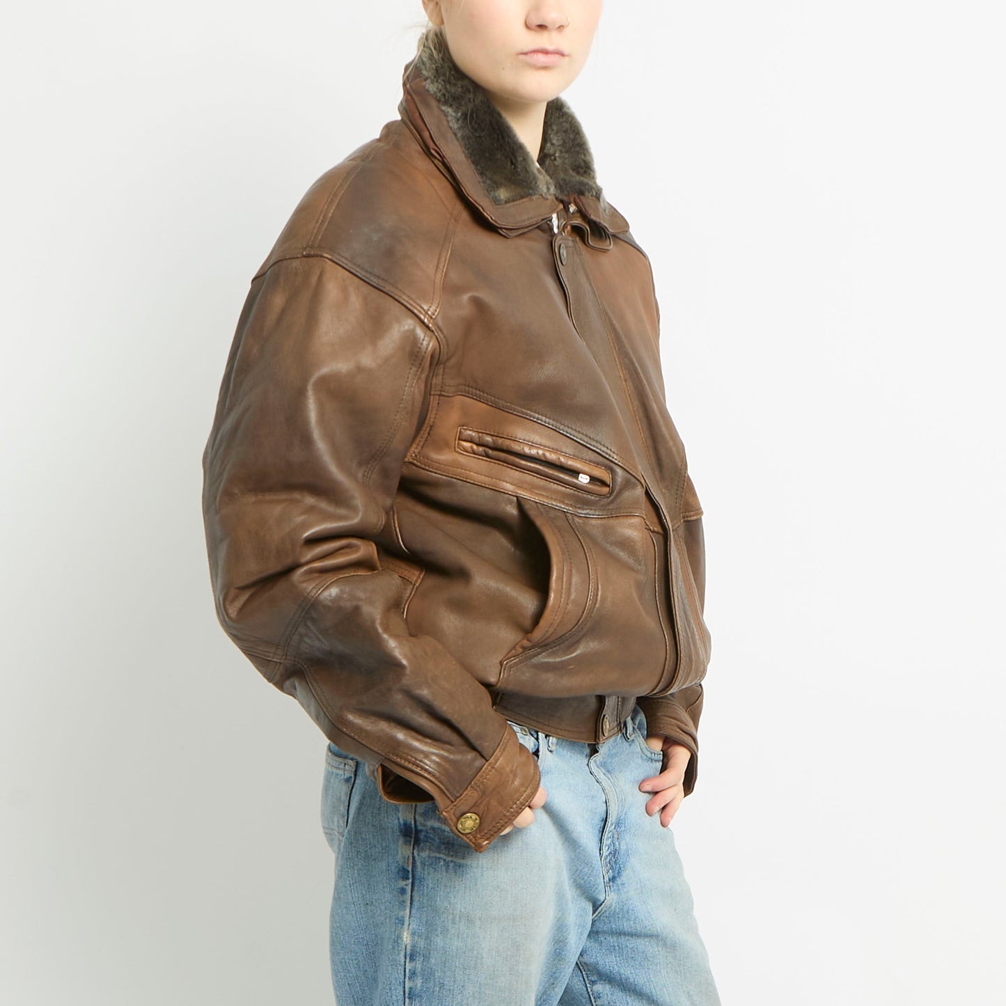 Fur Collared Leather Jacket - XL