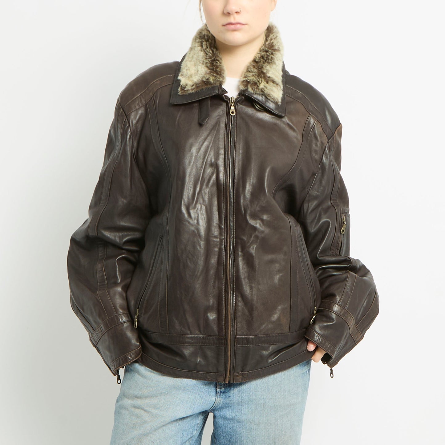 Fur Collared Leather Jacket - XL