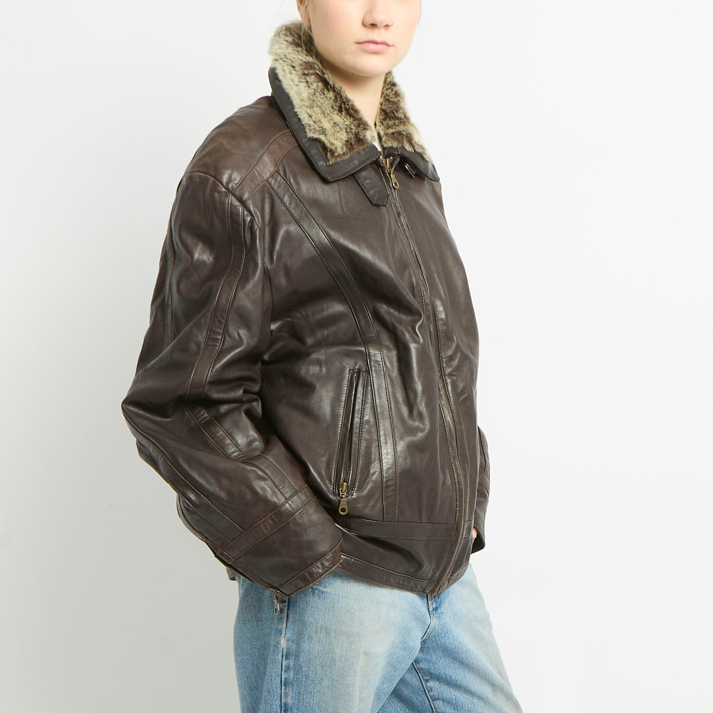 Fur Collared Leather Jacket - XL