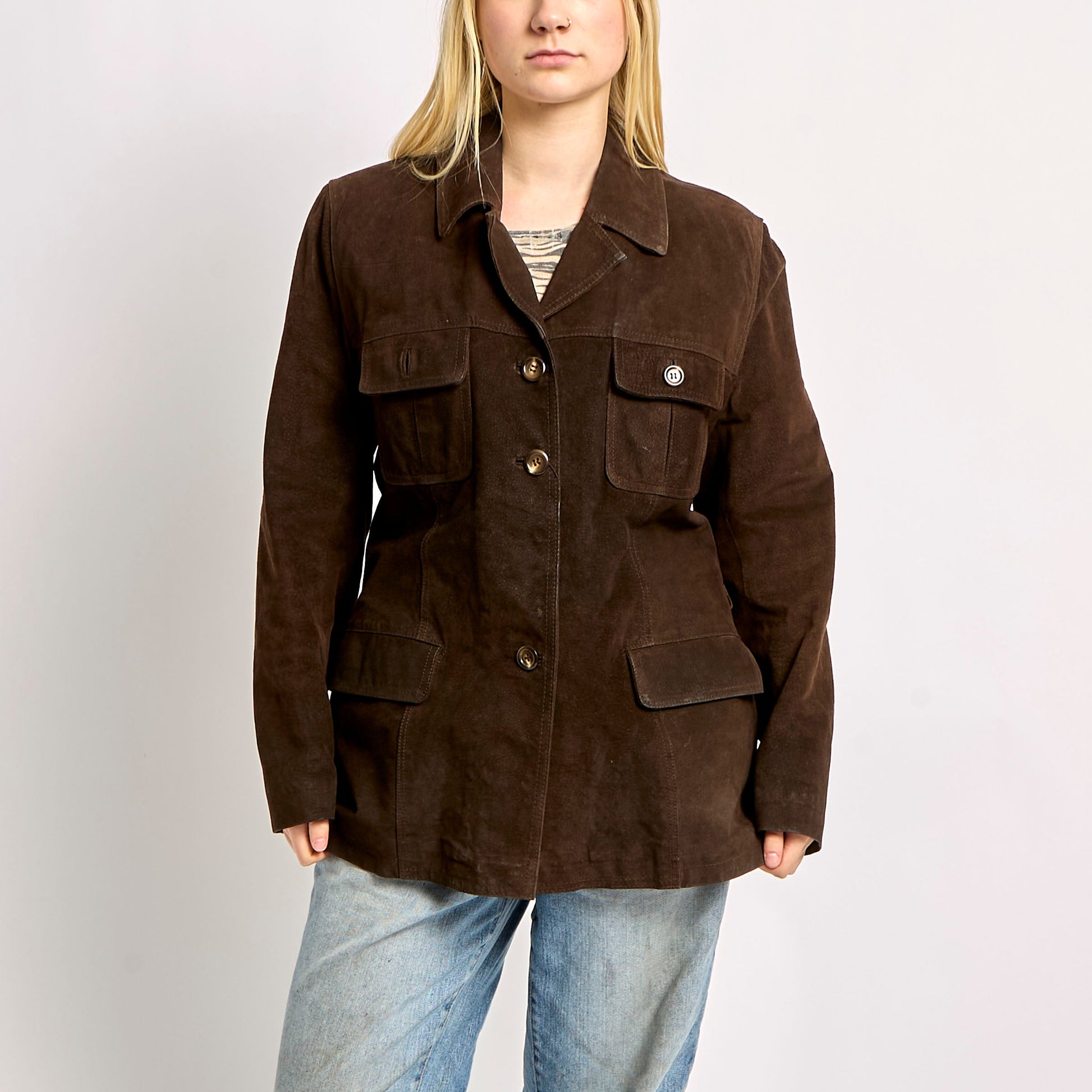 Suede Long Jacket with Front Pockets -  XL