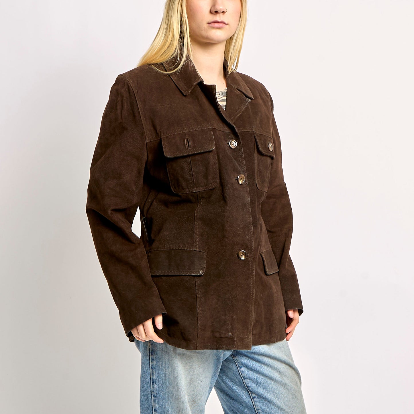 Suede Long Jacket with Front Pockets -  XL