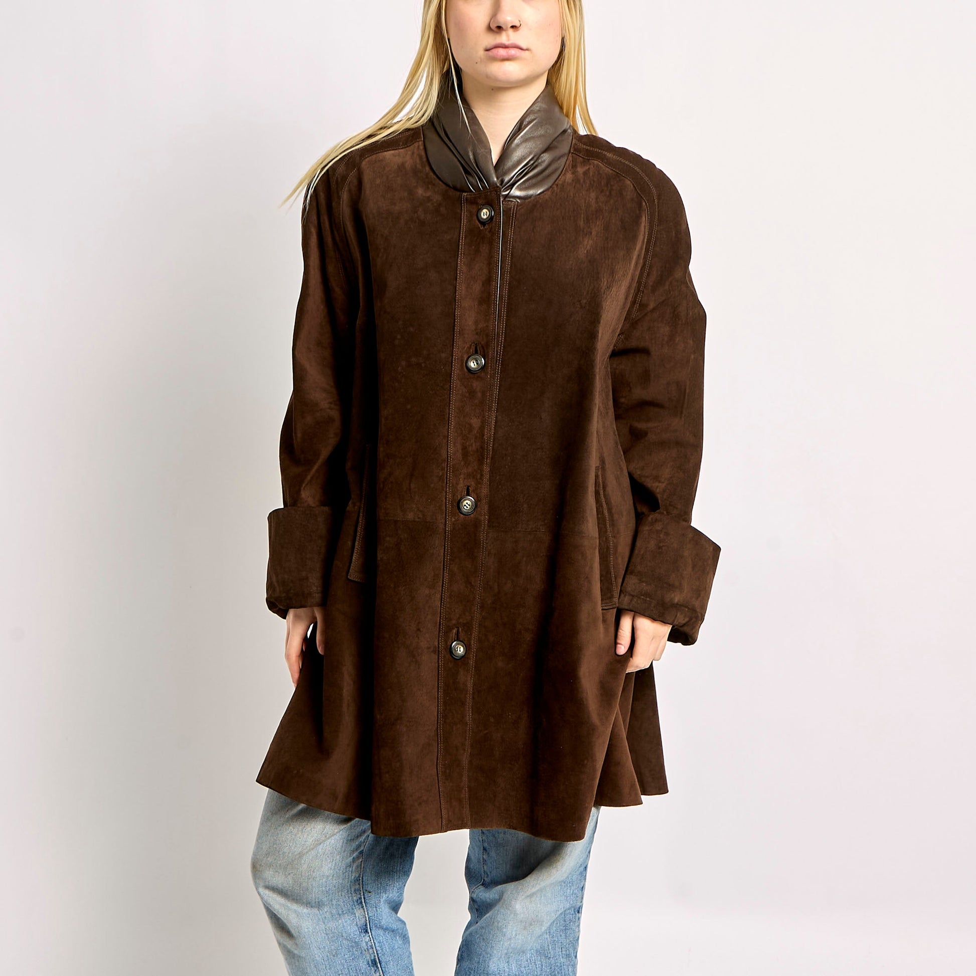 Long Suede Coat With Leather Collar - XL