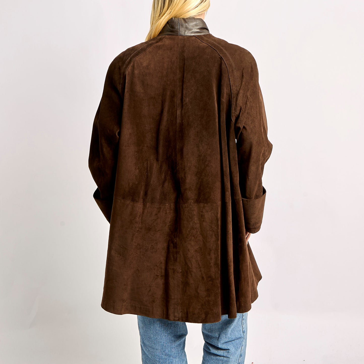 Long Suede Coat With Leather Collar - XL