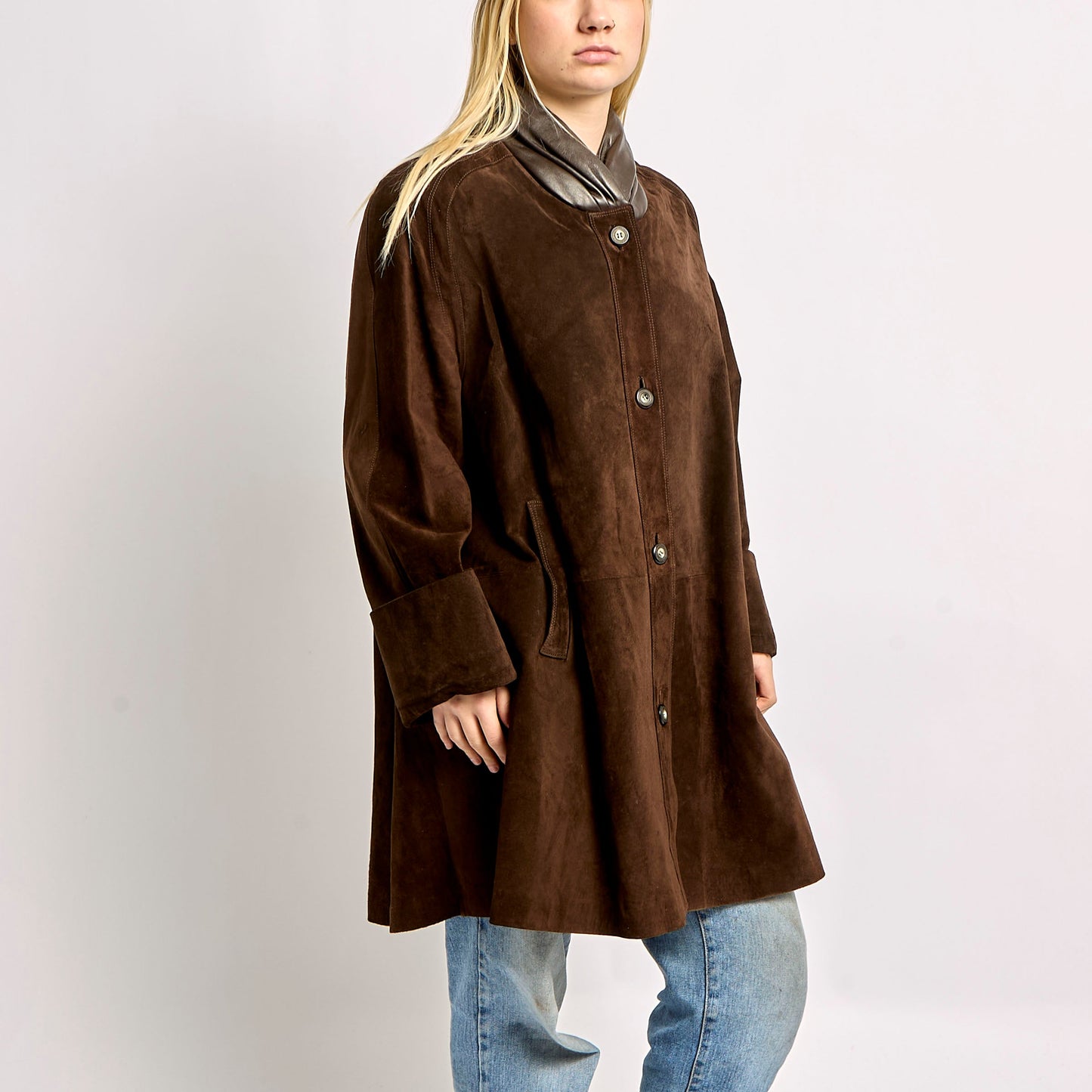 Long Suede Coat With Leather Collar - XL