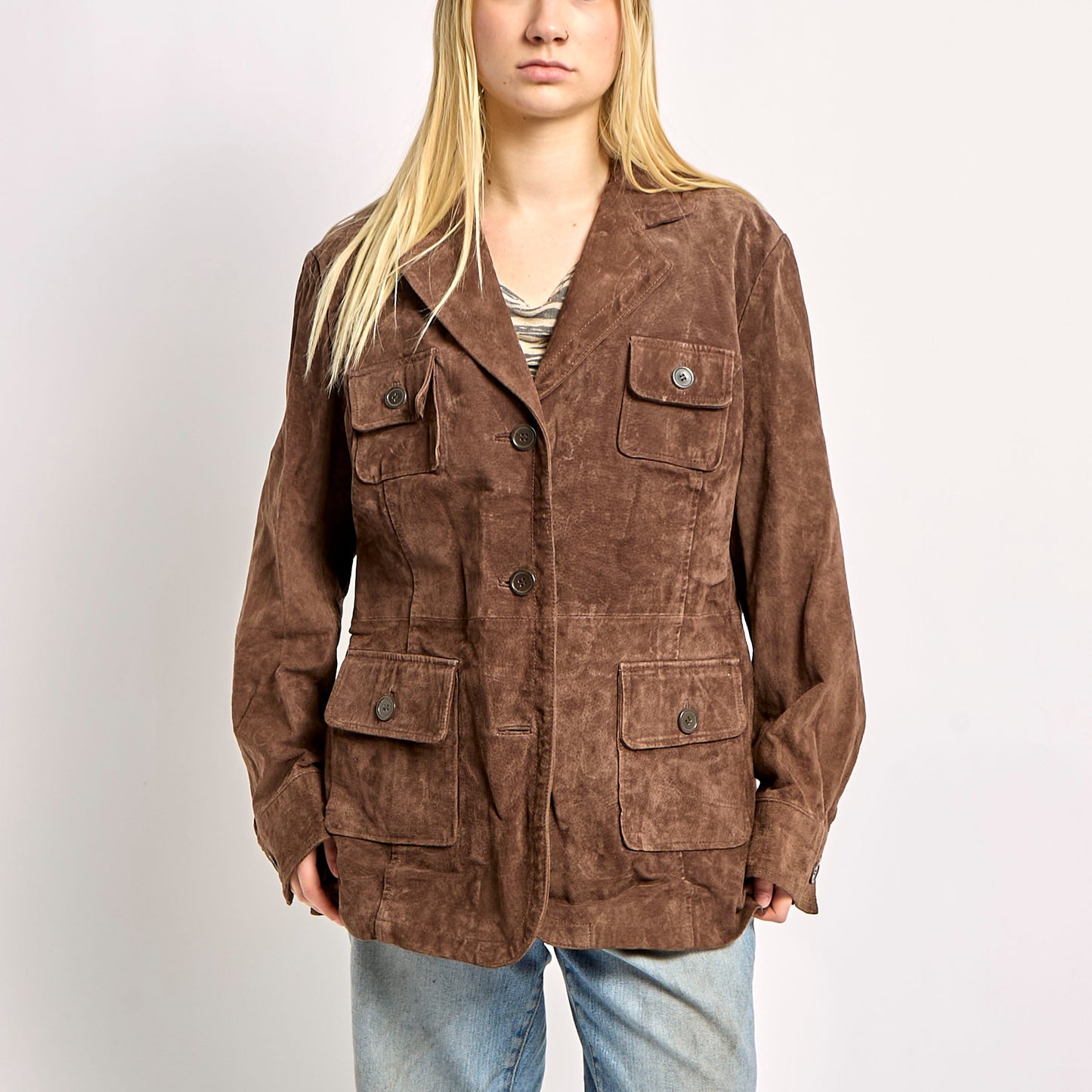 Long Suede Jacket With Front Pockets - XL