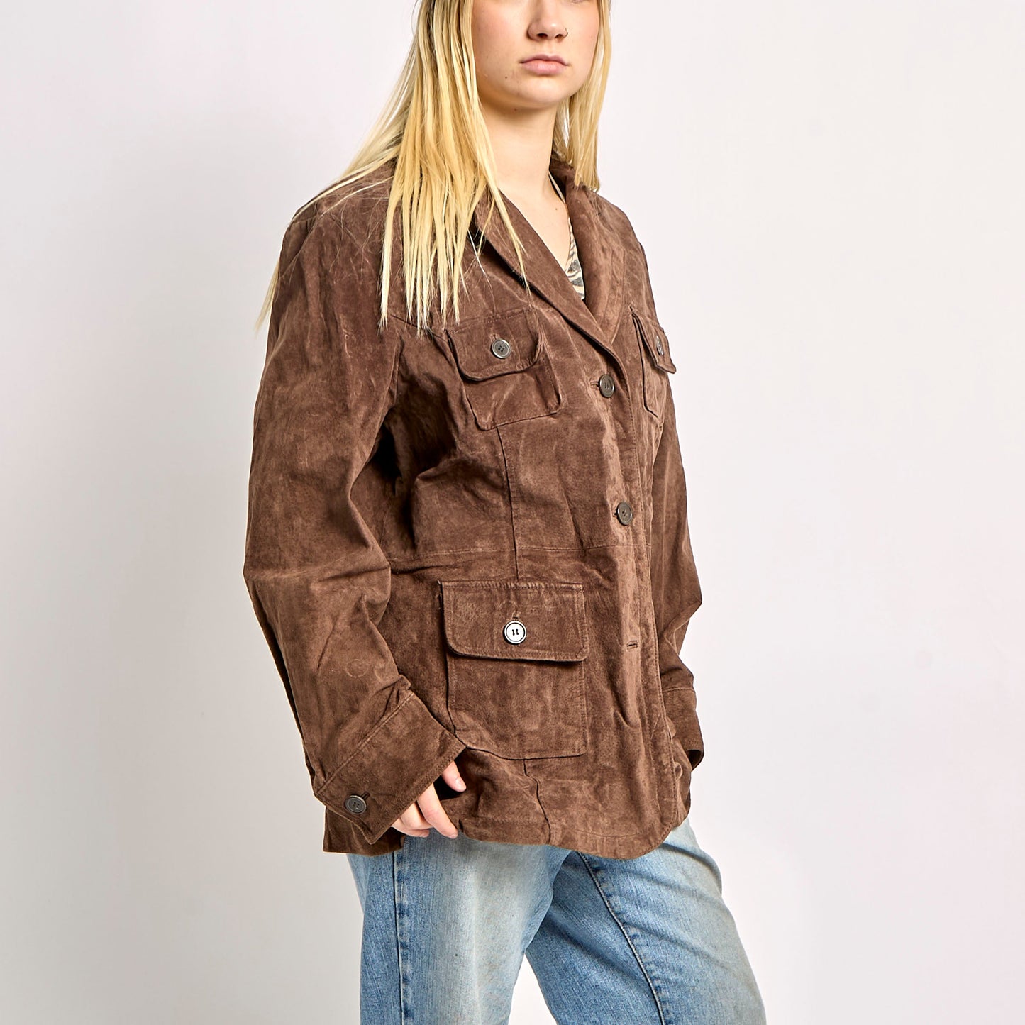 Long Suede Jacket With Front Pockets - XL