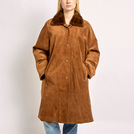 Long Suede Jacket With Fur Collar - XL