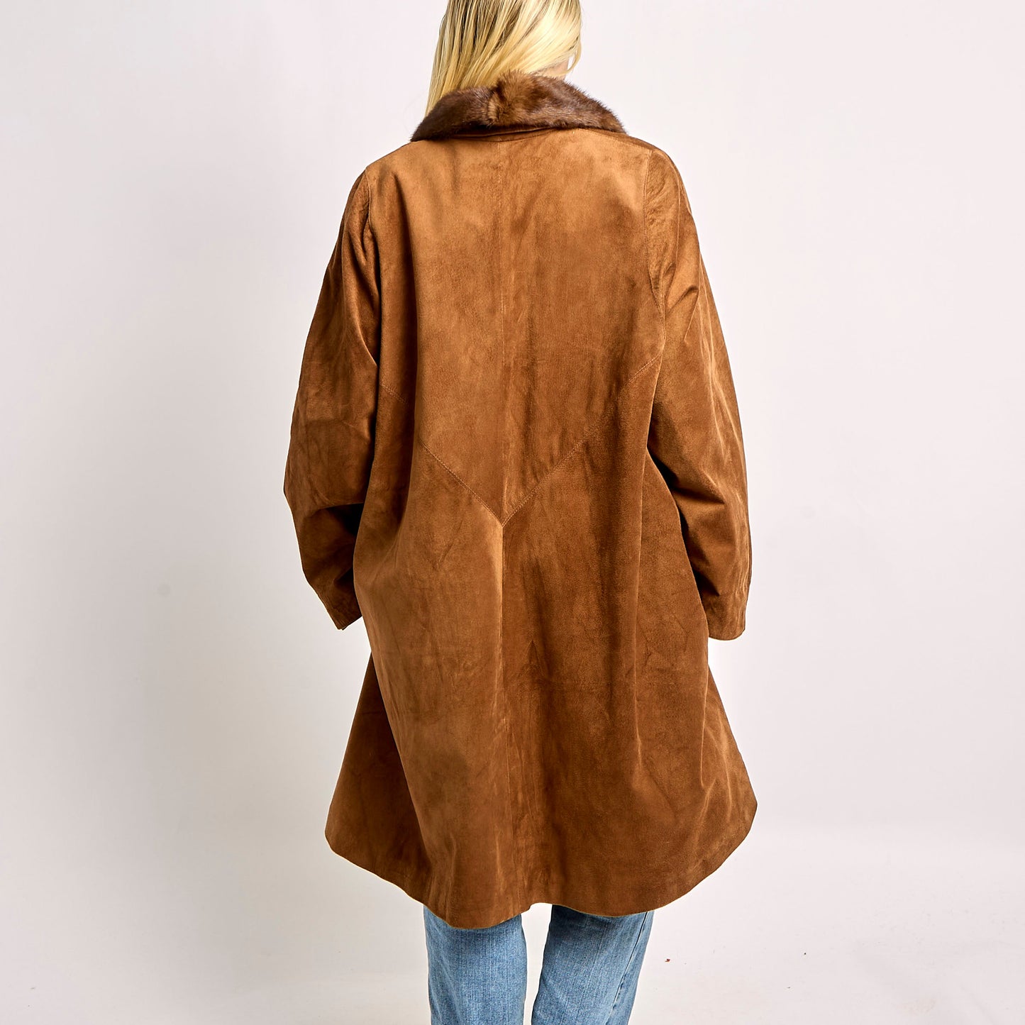 Long Suede Jacket With Fur Collar - XL