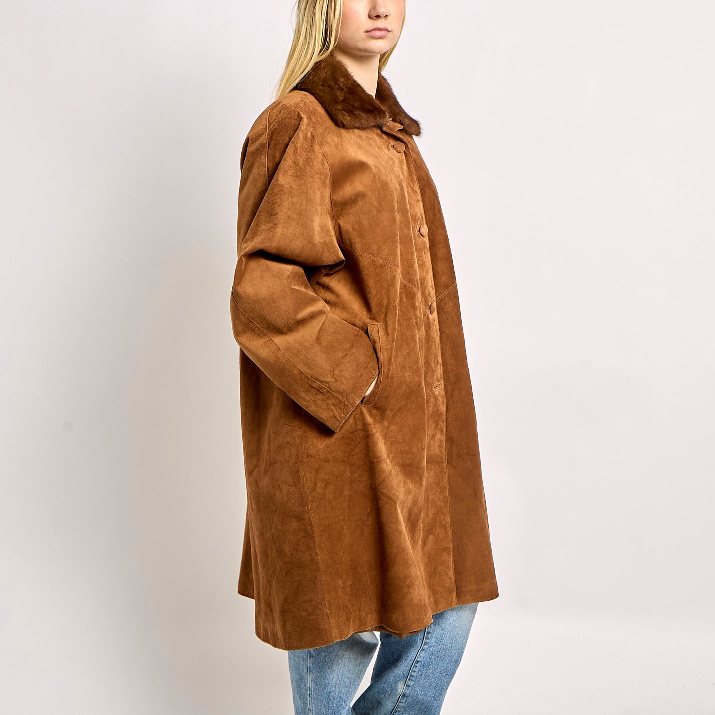 Long Suede Jacket With Fur Collar - XL