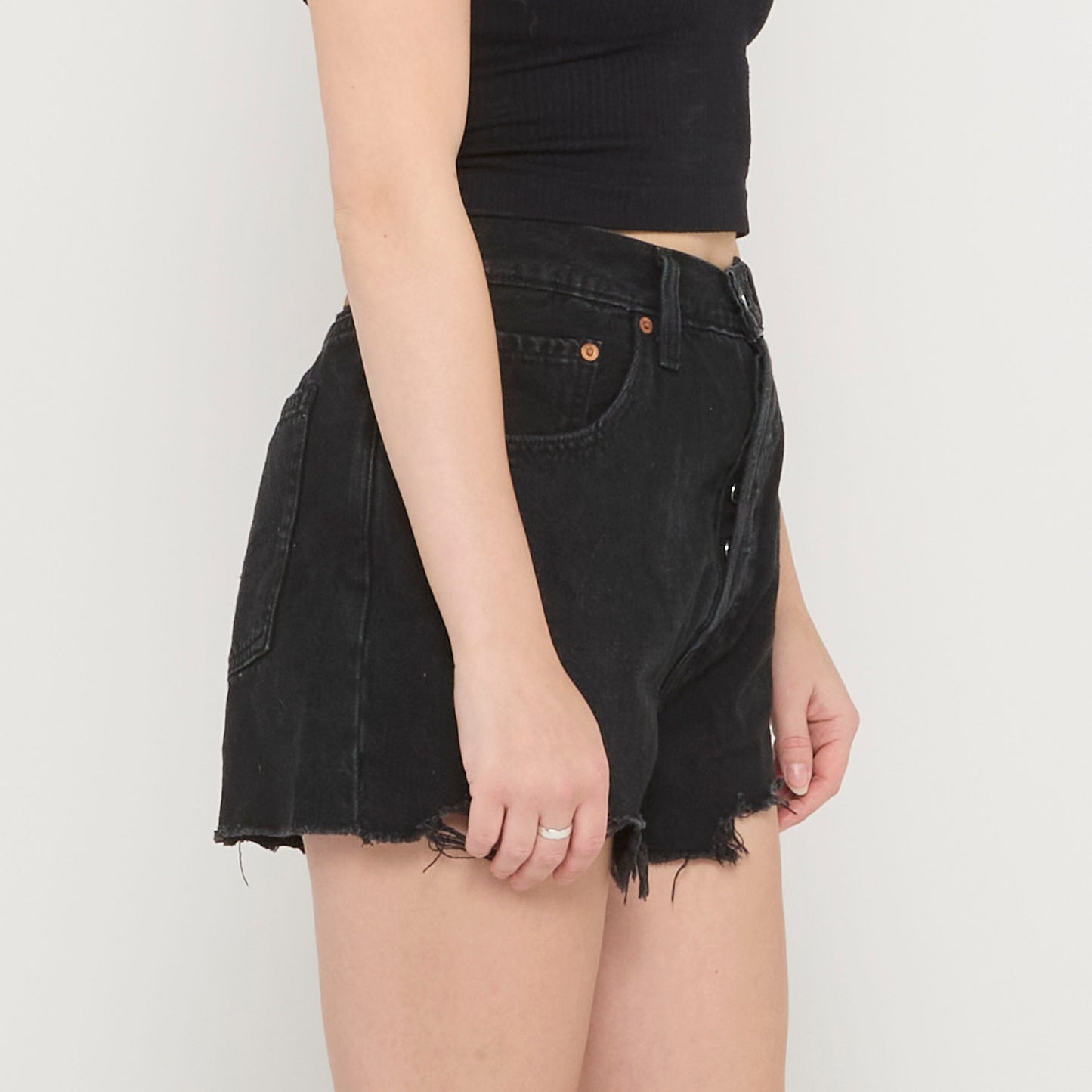 Levis Black Denim Frayed Hem Shorts - UK 14