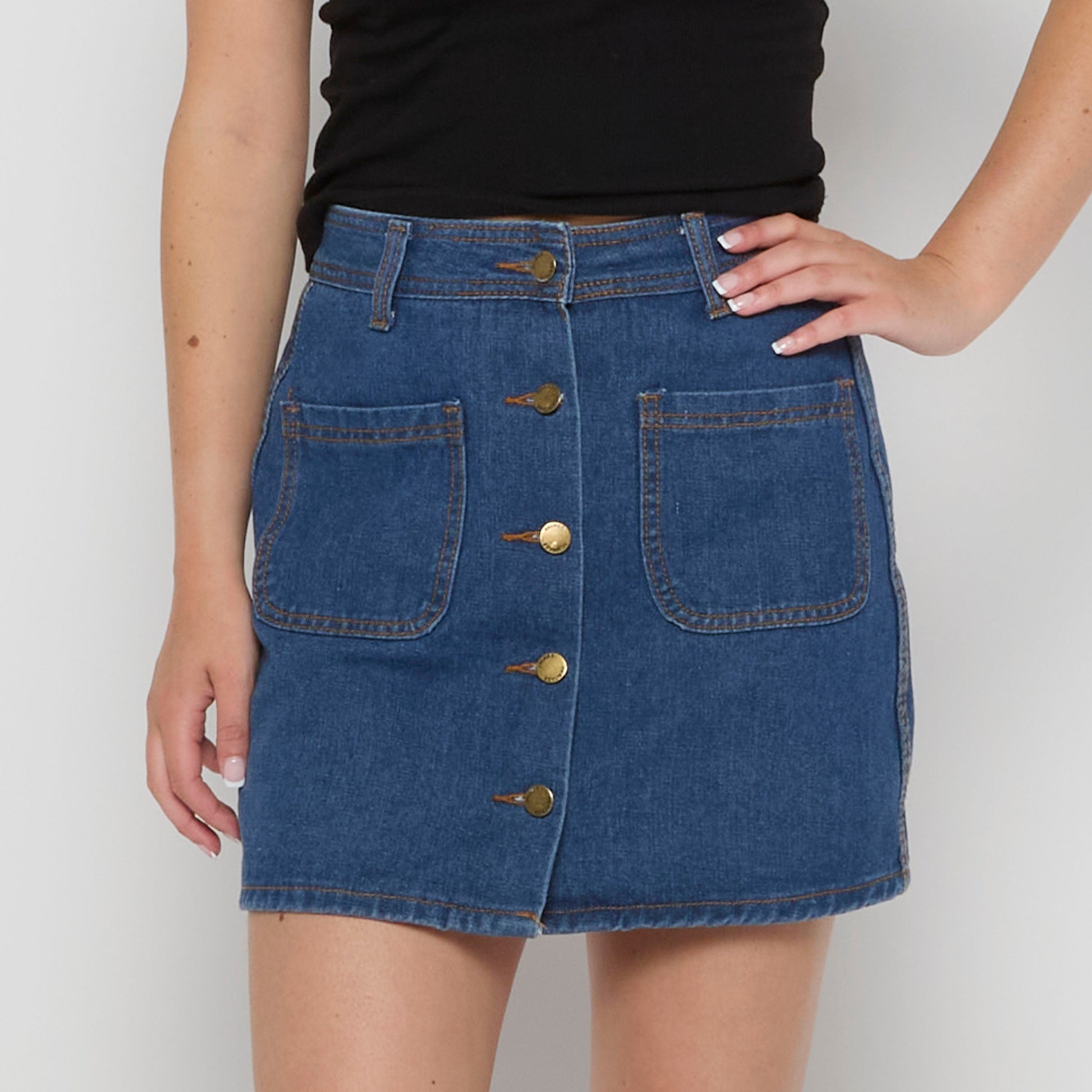 Button Down Denim Mini Skirt - UK 8