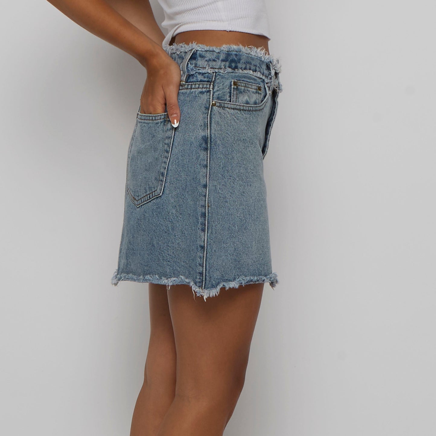 Denim Frayed Hem Short Skirt - UK 10