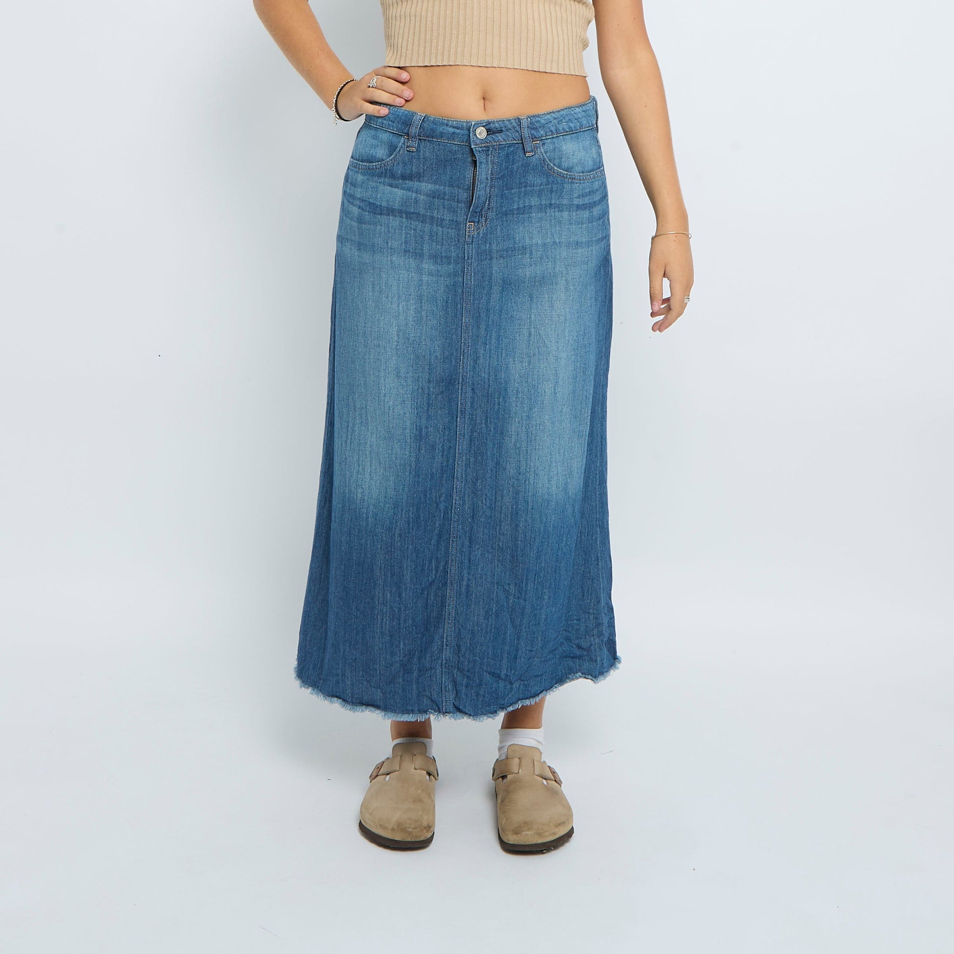 Denim Frayed Maxi Skirt - UK 10