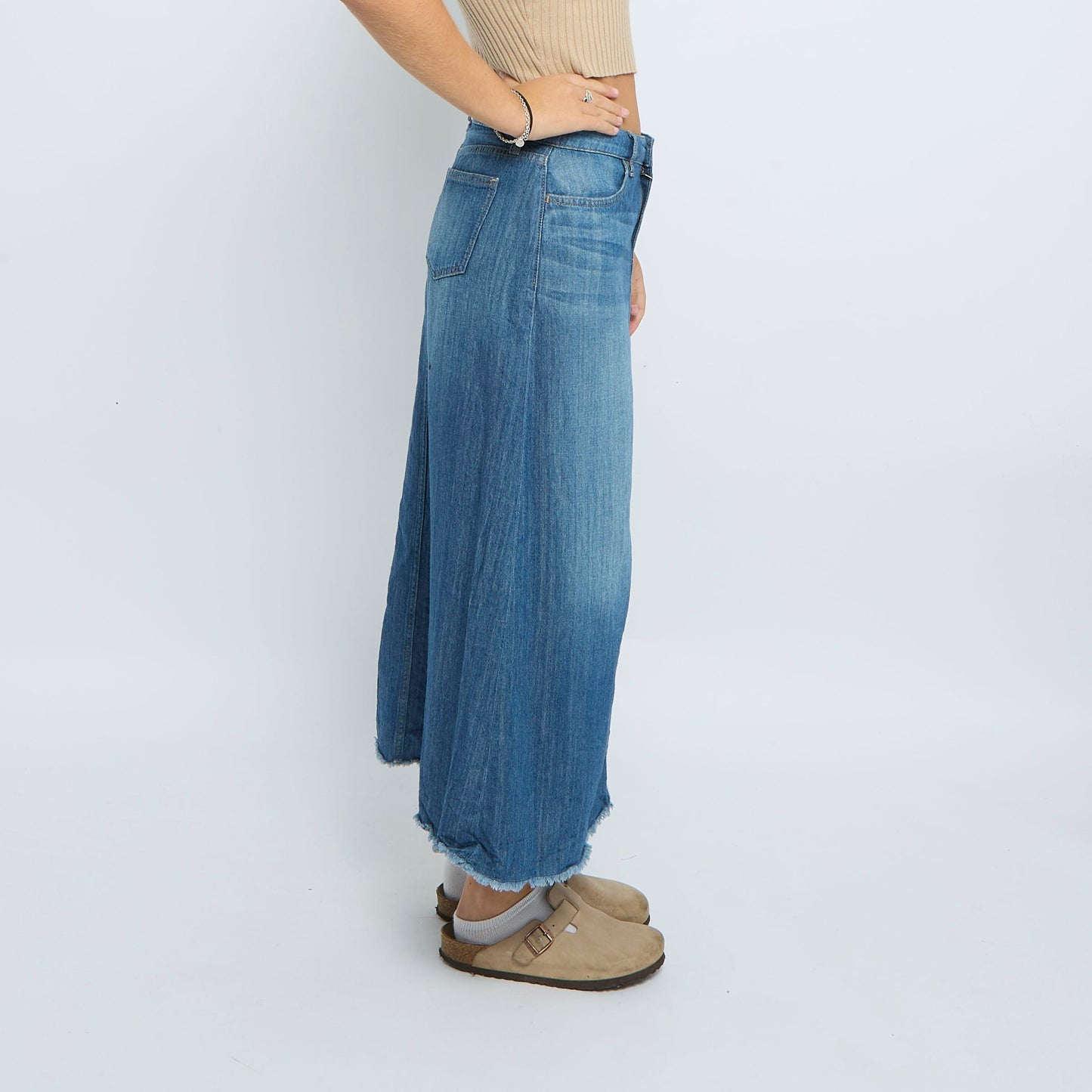 Denim Frayed Maxi Skirt - UK 10