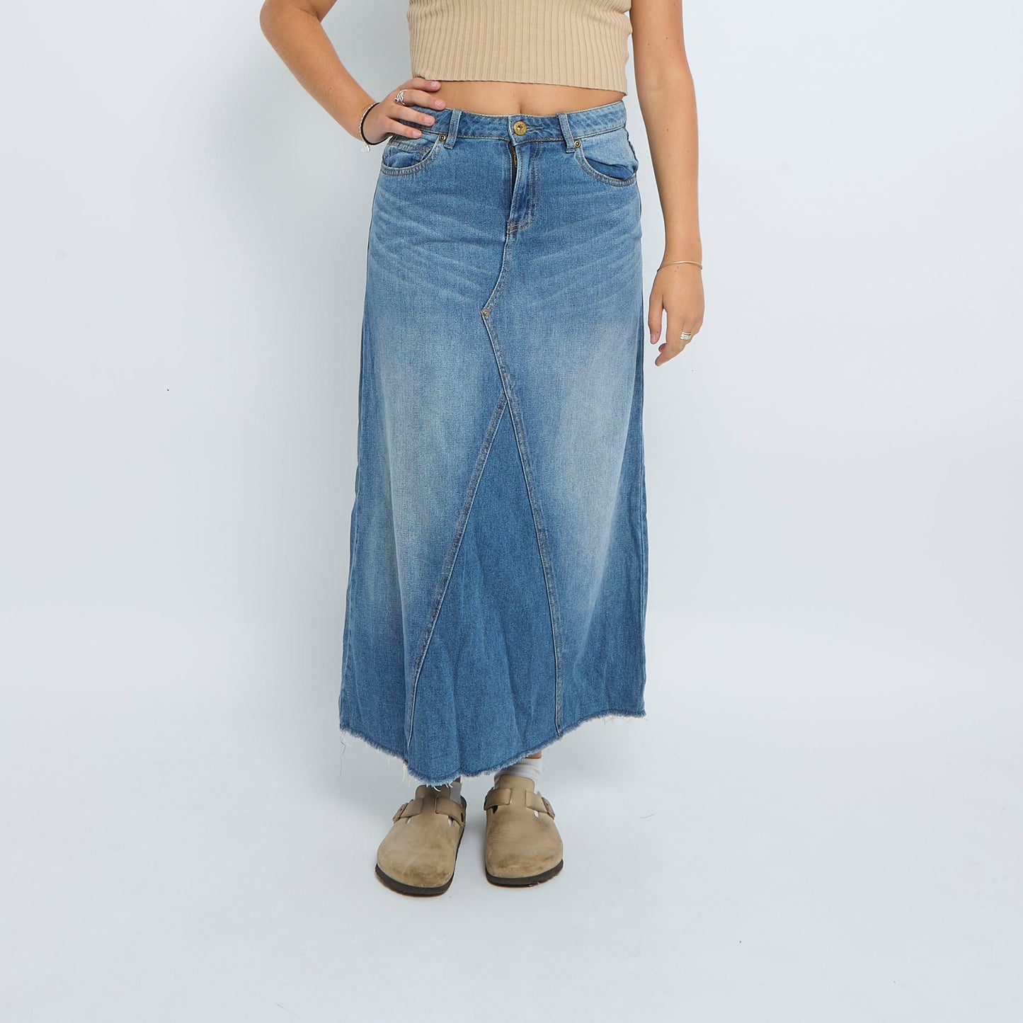 Denim Washed Frayed Maxi Skirt - UK 10